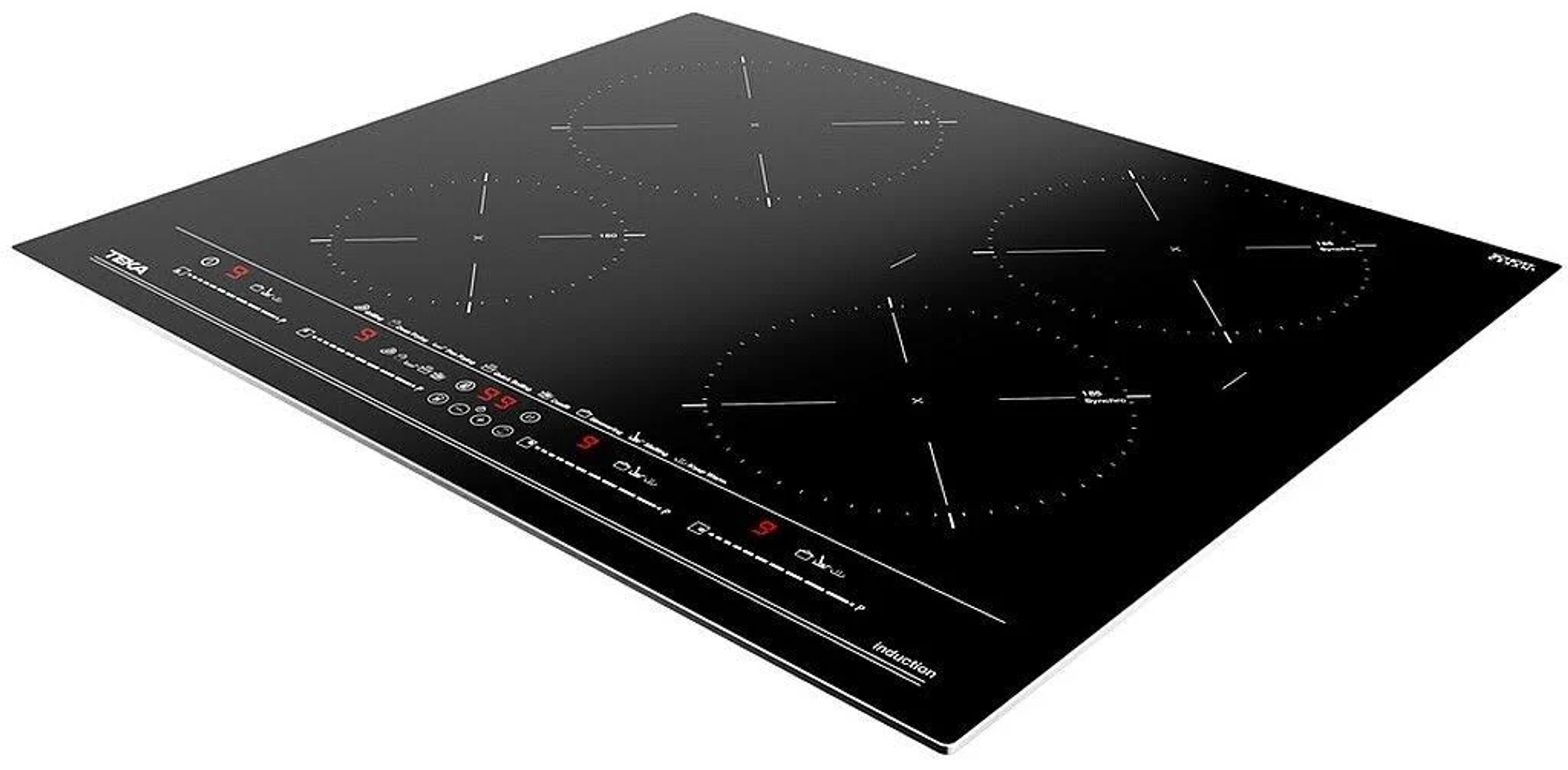 Placa de inducción negra con cuatro zonas de cocción y controles digitales, marca TEKA.