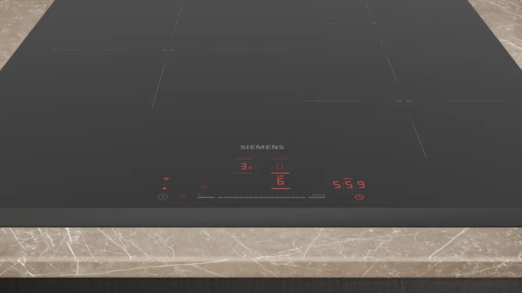 Encimera gris oscuro con cuatro zonas de cocción, pantalla digital y controles táctiles, marca Siemens.