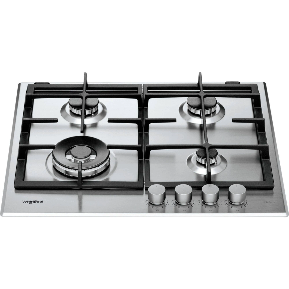 Encimera Whirlpool plateada con cuatro quemadores. Parrillas y perillas negras. Marca visible.