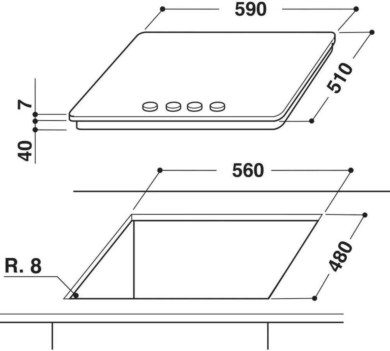 Vista superior de una placa de vitrocerámica negra con líneas de dimensiones.