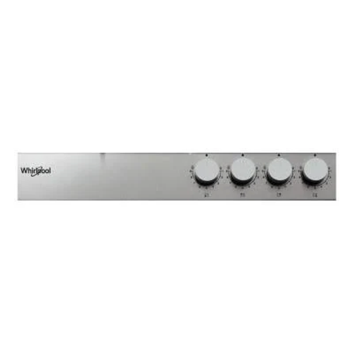 Panel de control plateado con cuatro mandos, marca Whirlpool, sobre fondo claro.