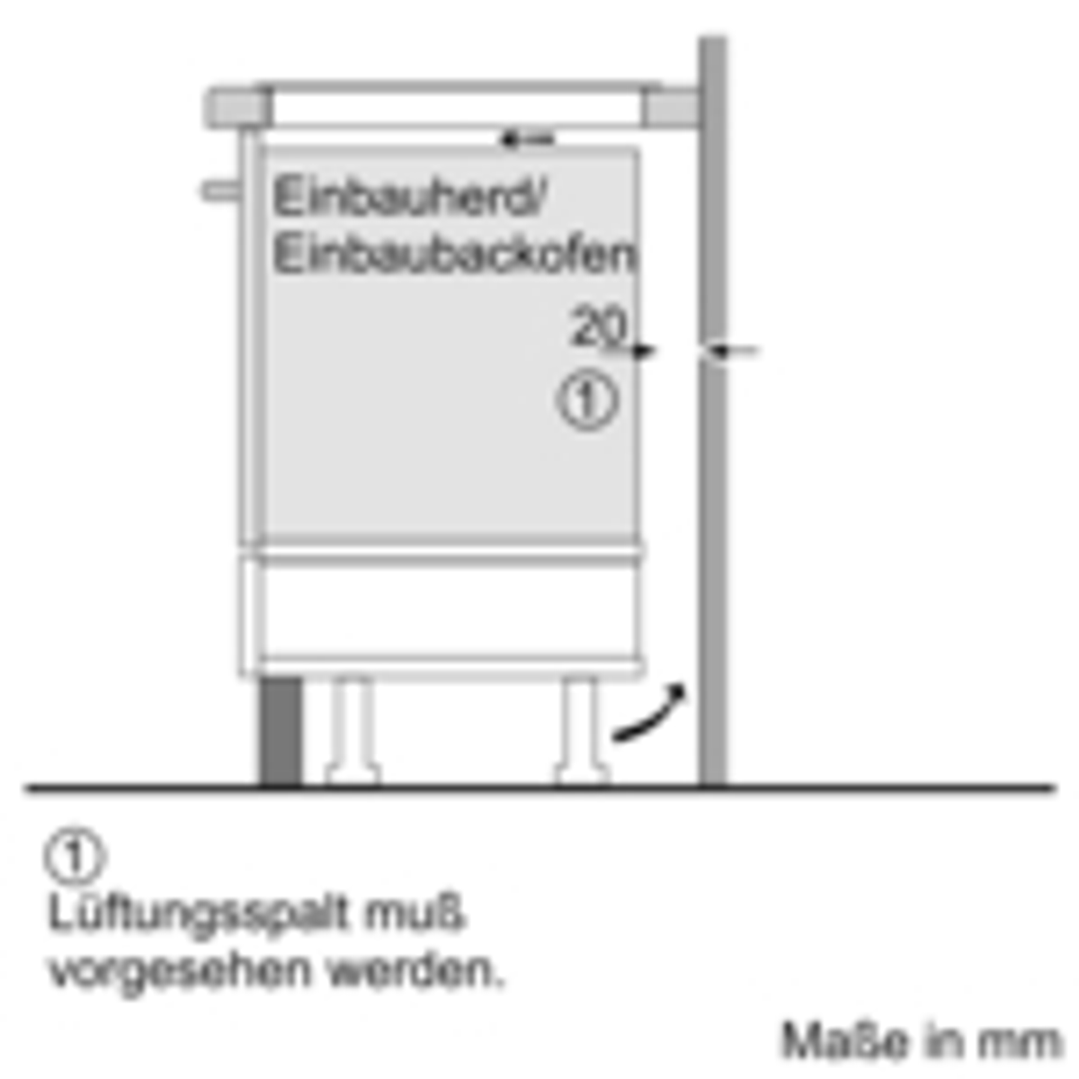 Un diagramma che mostra l'installazione di un forno a incasso, con dimensioni e distanze.