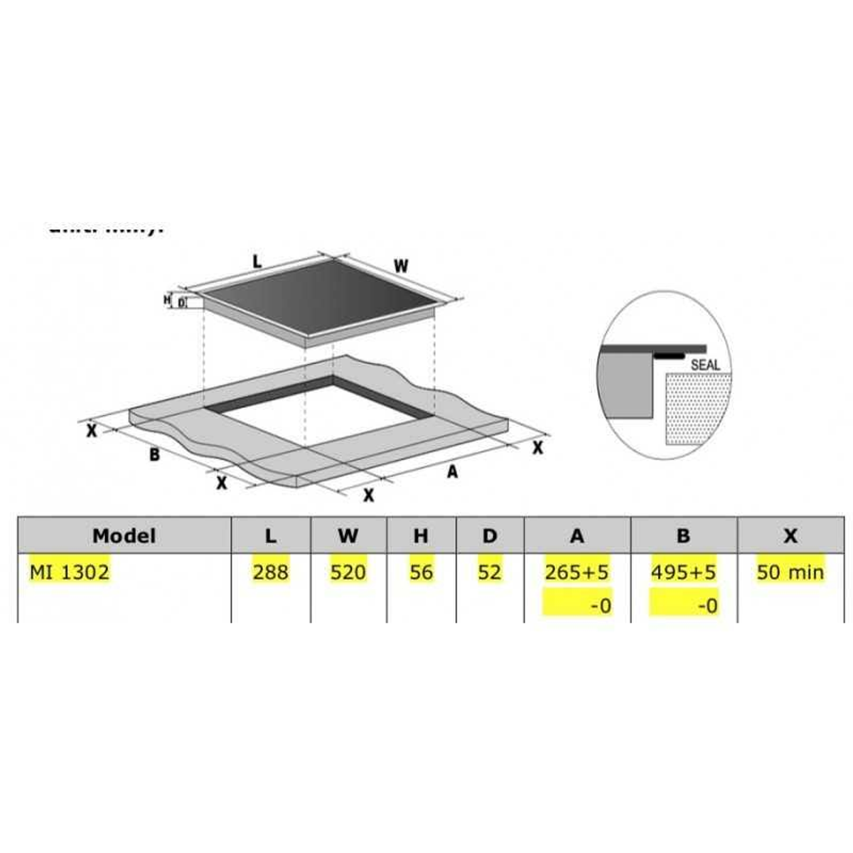 Diagrama de una placa de cocina, que muestra dimensiones y especificaciones para la instalación con una ilustración detallada del sellado.