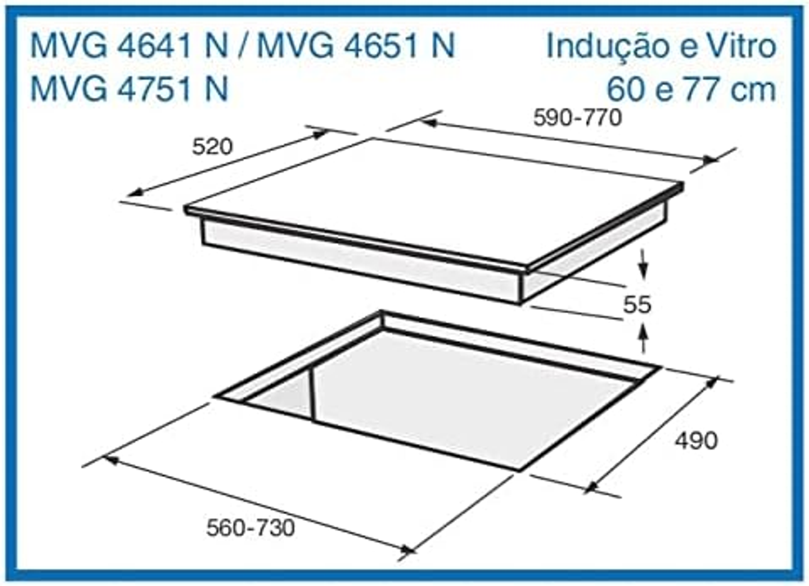 Diagrama de una placa de inducción y vidrio con dimensiones. Dos formas rectangulares con medidas.