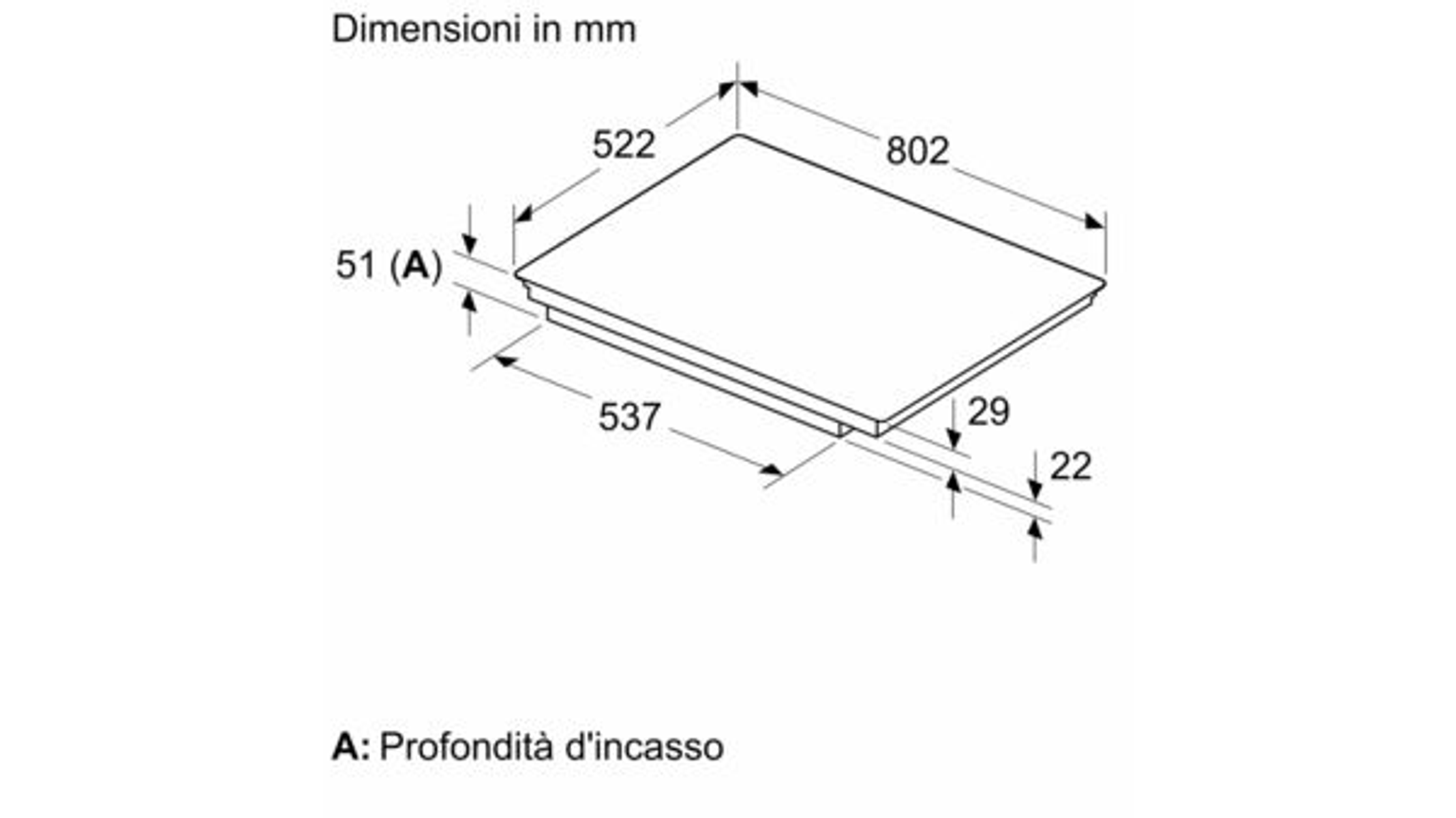 Diagramma di un piano cottura con dimensioni in mm.