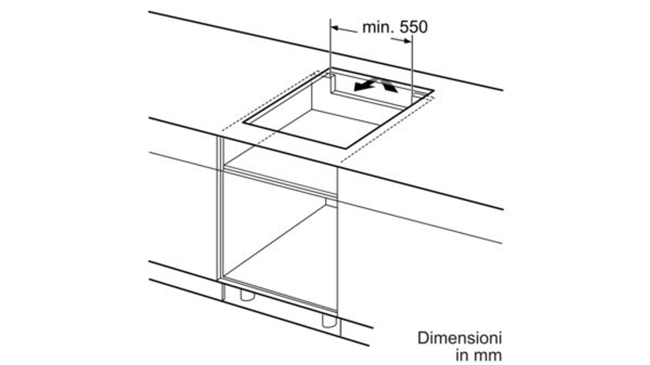 Disegno tecnico di installazione piano cottura con dimensioni in mm. Mostra un ritaglio.