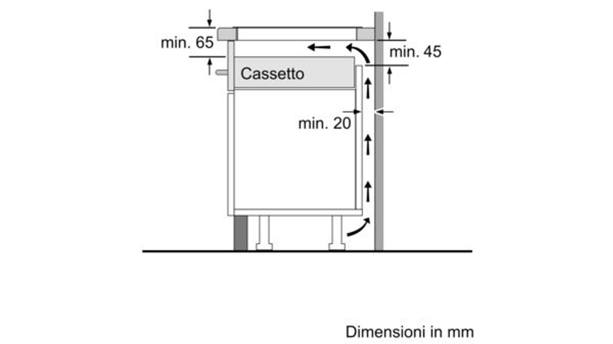 Un diagramma che mostra le dimensioni di installazione di un elettrodomestico da incasso. Dimensioni in mm.