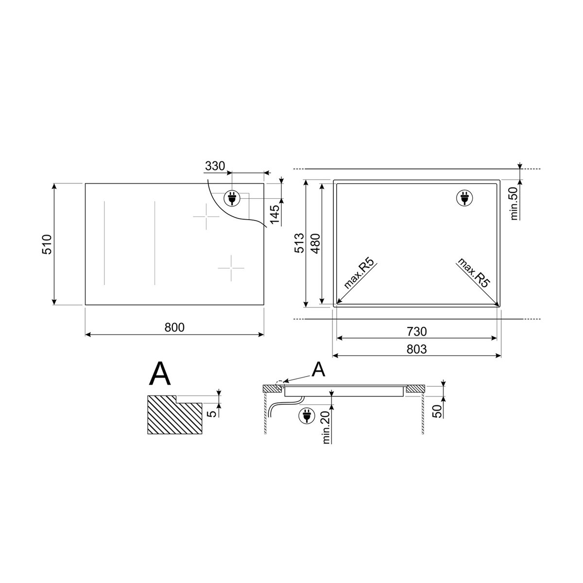 Diagrama con dimensiones y medidas de una encimera de gas en mm.