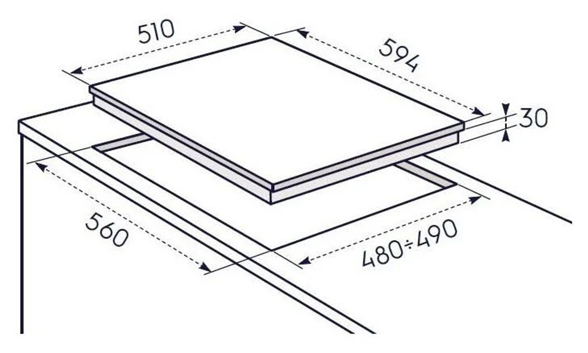 Schemat pokazujący wymiary otworu na płytę grzewczą. Pokazuje wymiary do instalacji. Białe tło.