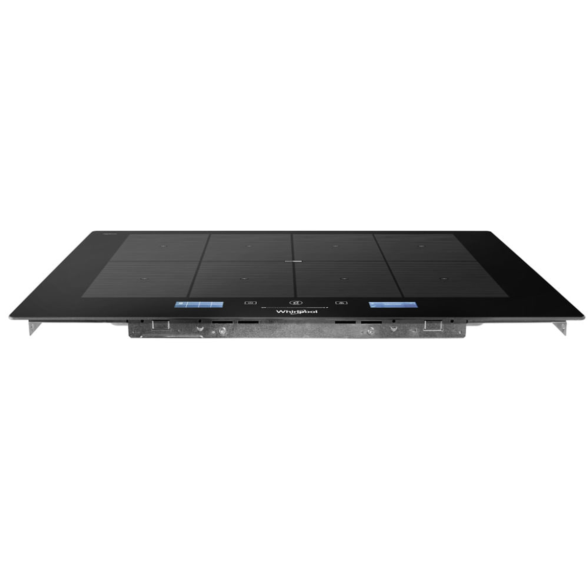 Piano cottura a induzione in vetro nero. Pannelli blu, cornice argento e logo Whirlpool.