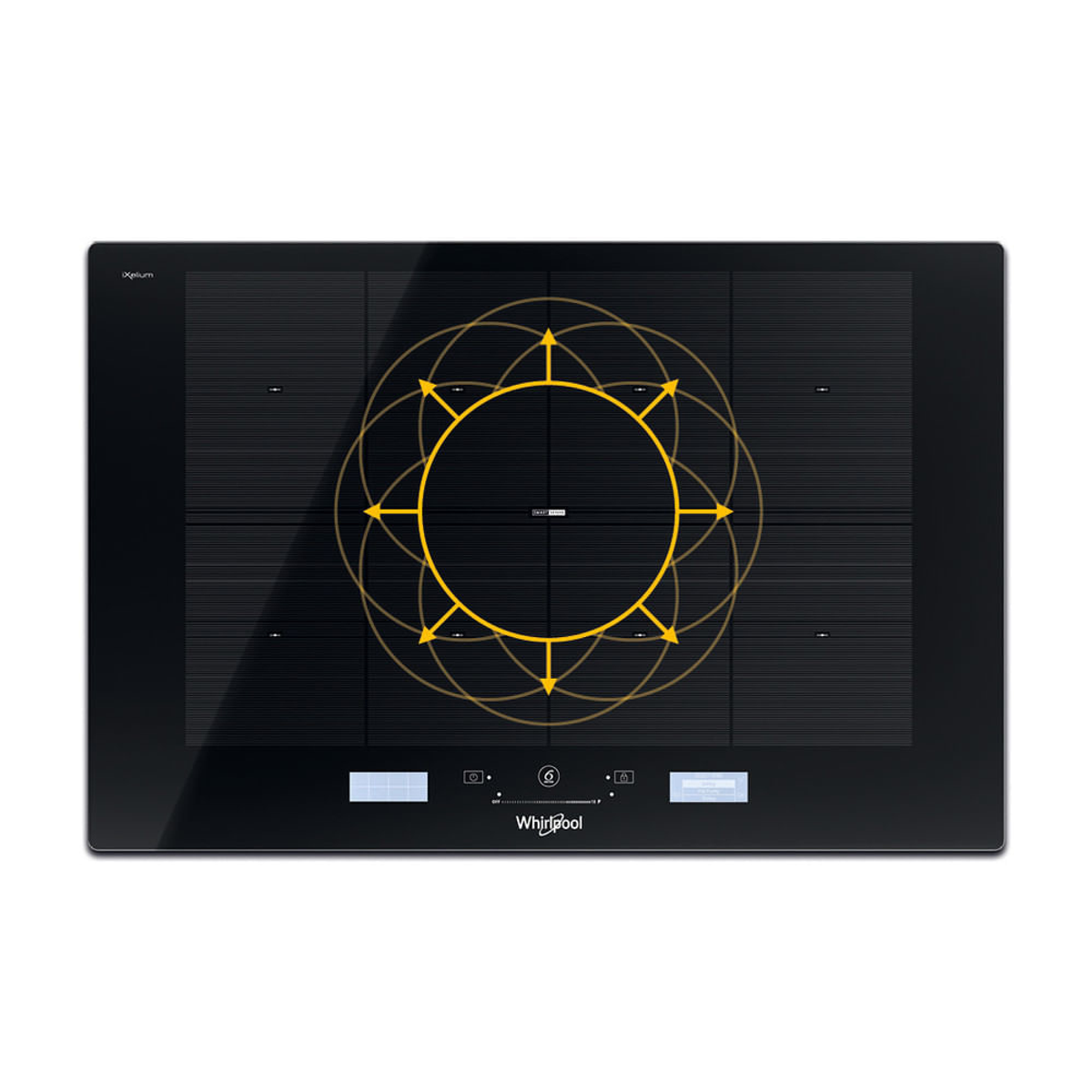 Piano cottura a induzione nero con design circolare, con frecce e il logo Whirlpool.
