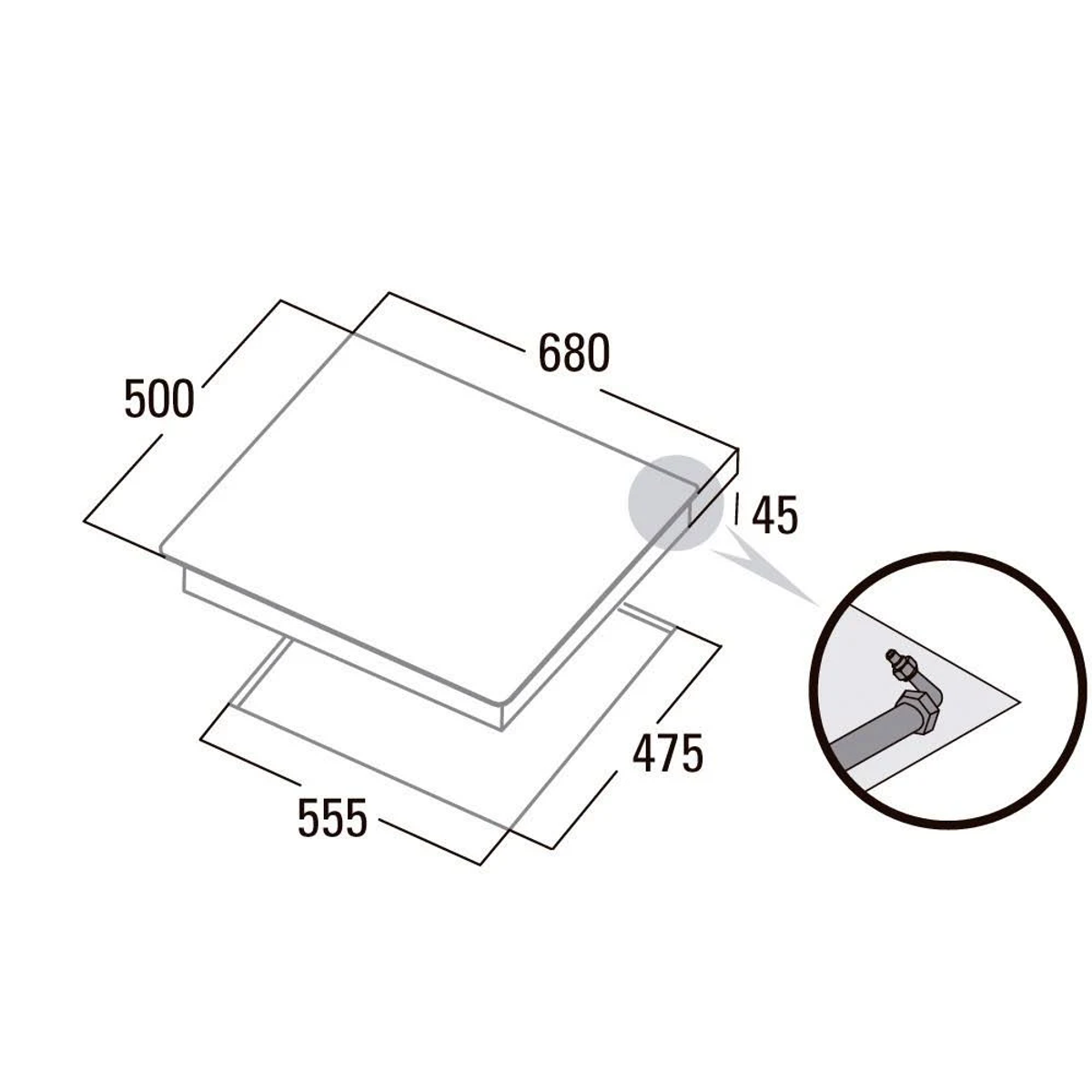 Dibujo técnico de una placa de cocina, con dimensiones y un primer plano de una conexión.