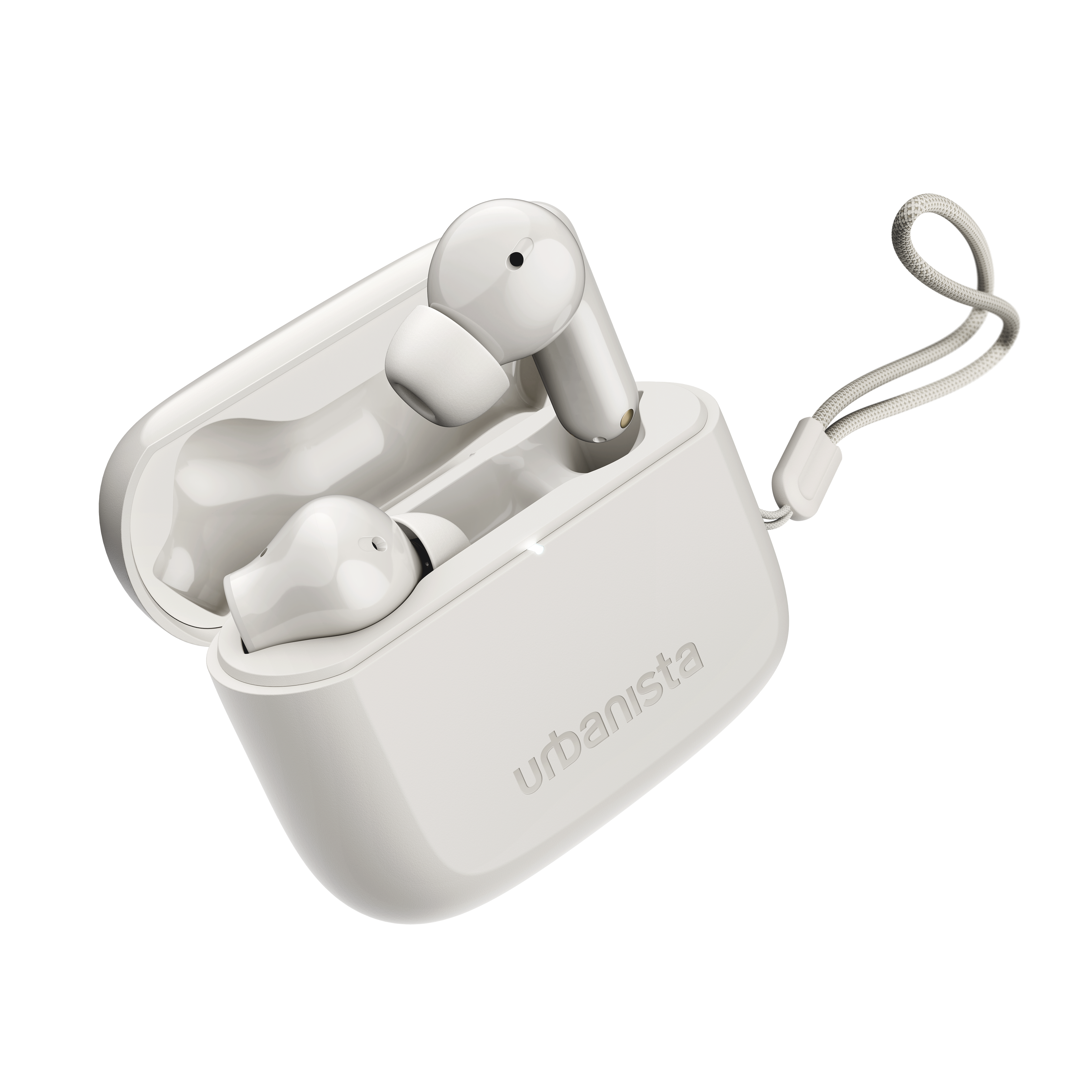 Weiße Urbanista Wireless-Ohrhörer in einem offenen Ladekoffer mit weißem Umhängeband.