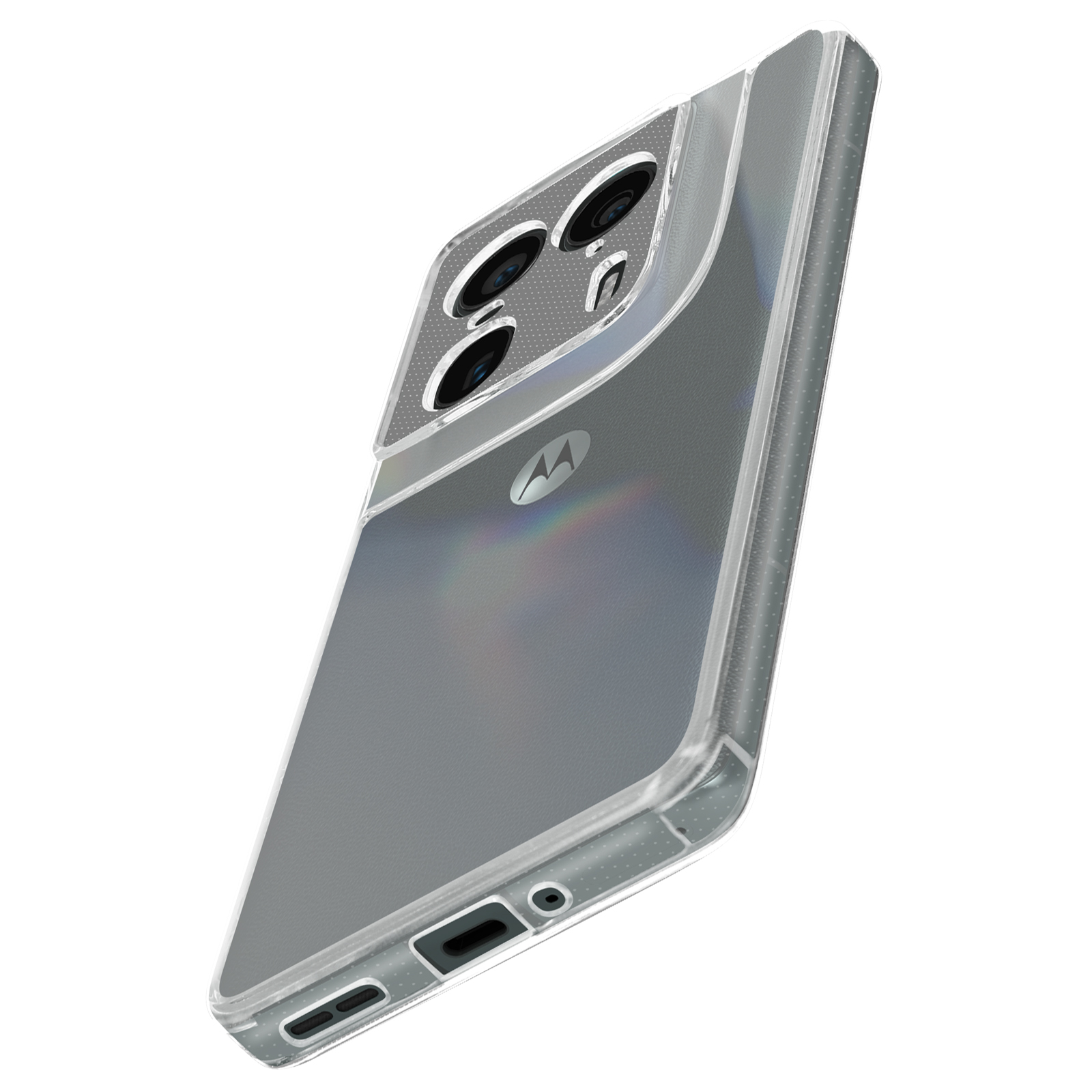 Una custodia trasparente per telefono su un telefono, che mostra le lenti della fotocamera e il logo Motorola.