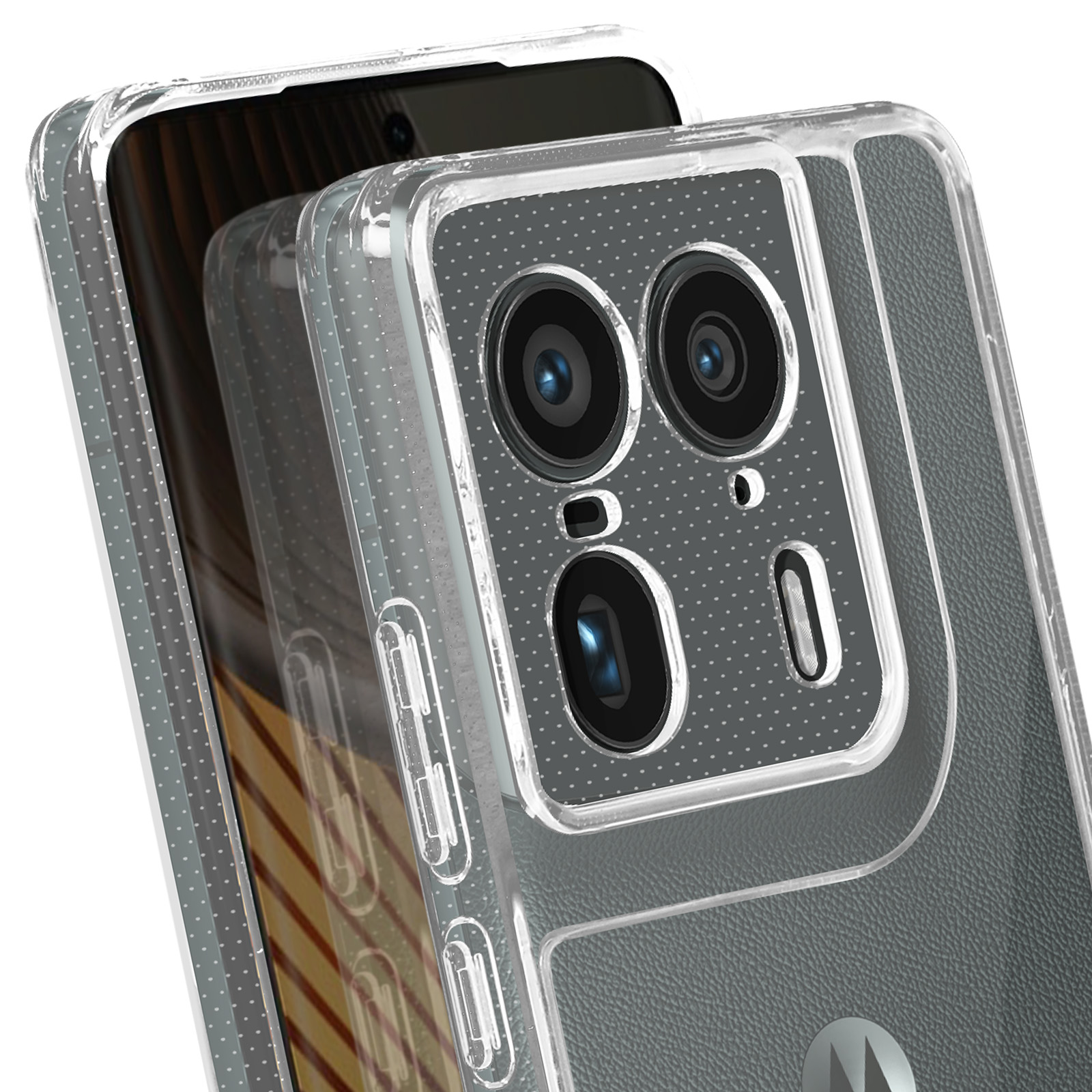 Una custodia per telefono con retro trasparente, che mostra la fotocamera del telefono.