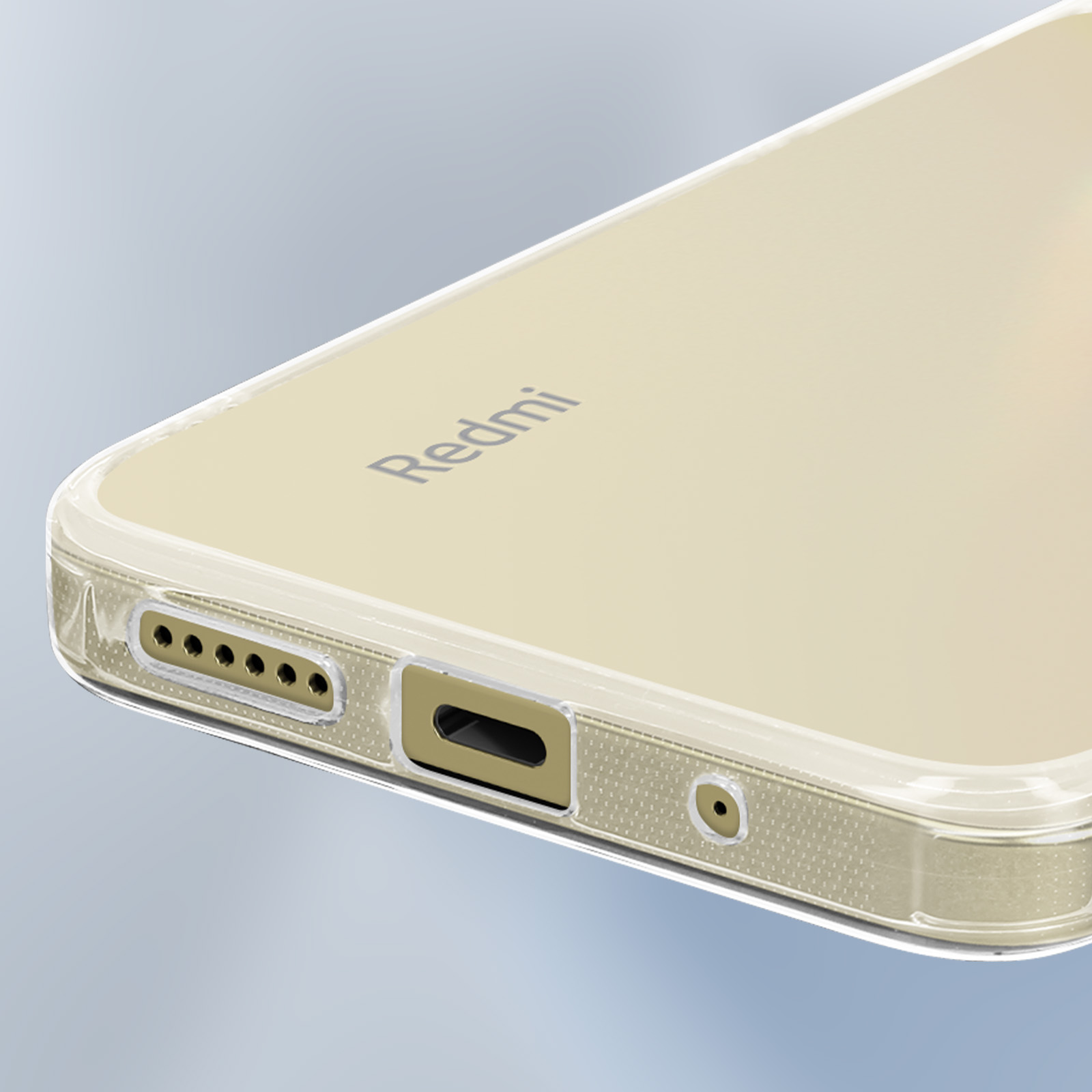 Primo piano di una custodia per telefono, trasparente con la scritta 'Redmi'.