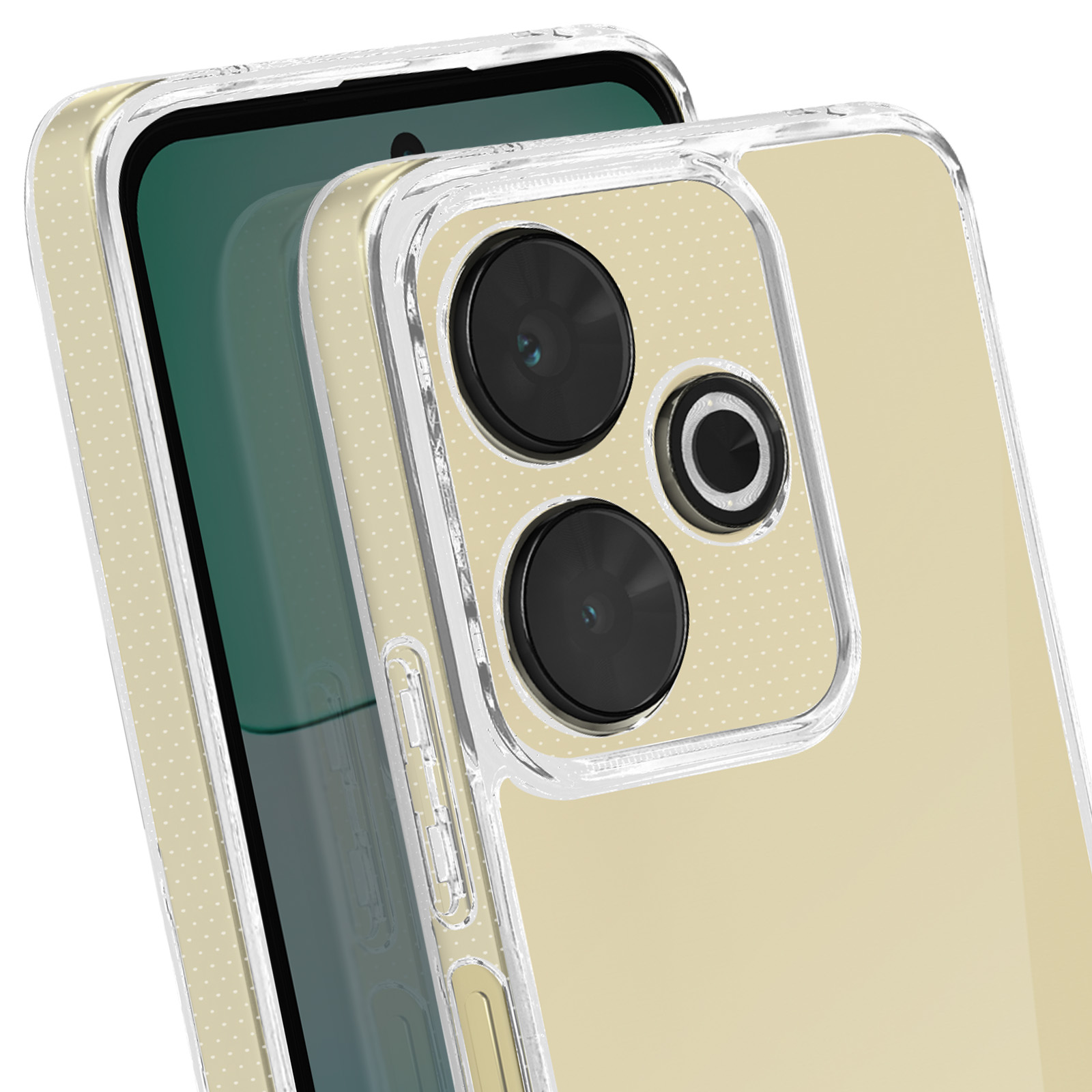 Un telefono in una custodia trasparente con lenti della fotocamera e retro giallo.