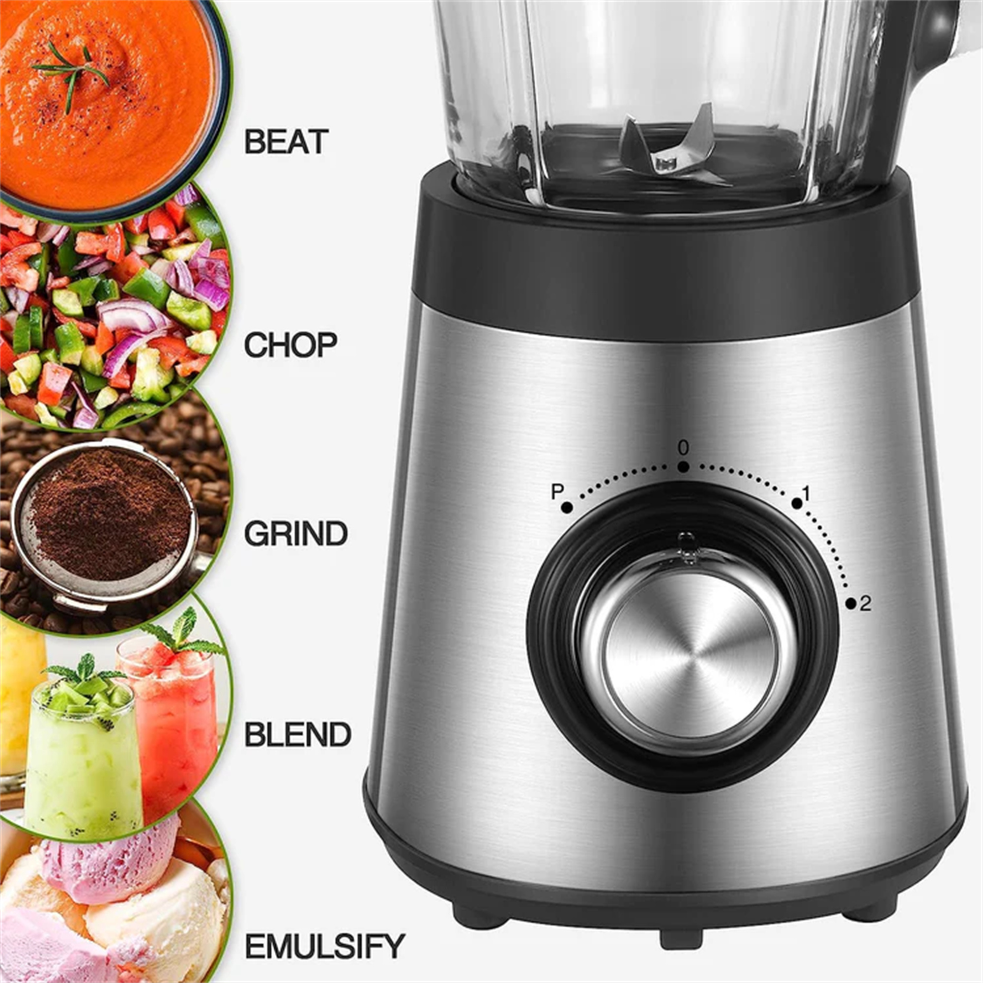 Mixer mit Edelstahlbasis, einem Knopf und einem Glasbehälter. Zutaten in separaten Behältern.