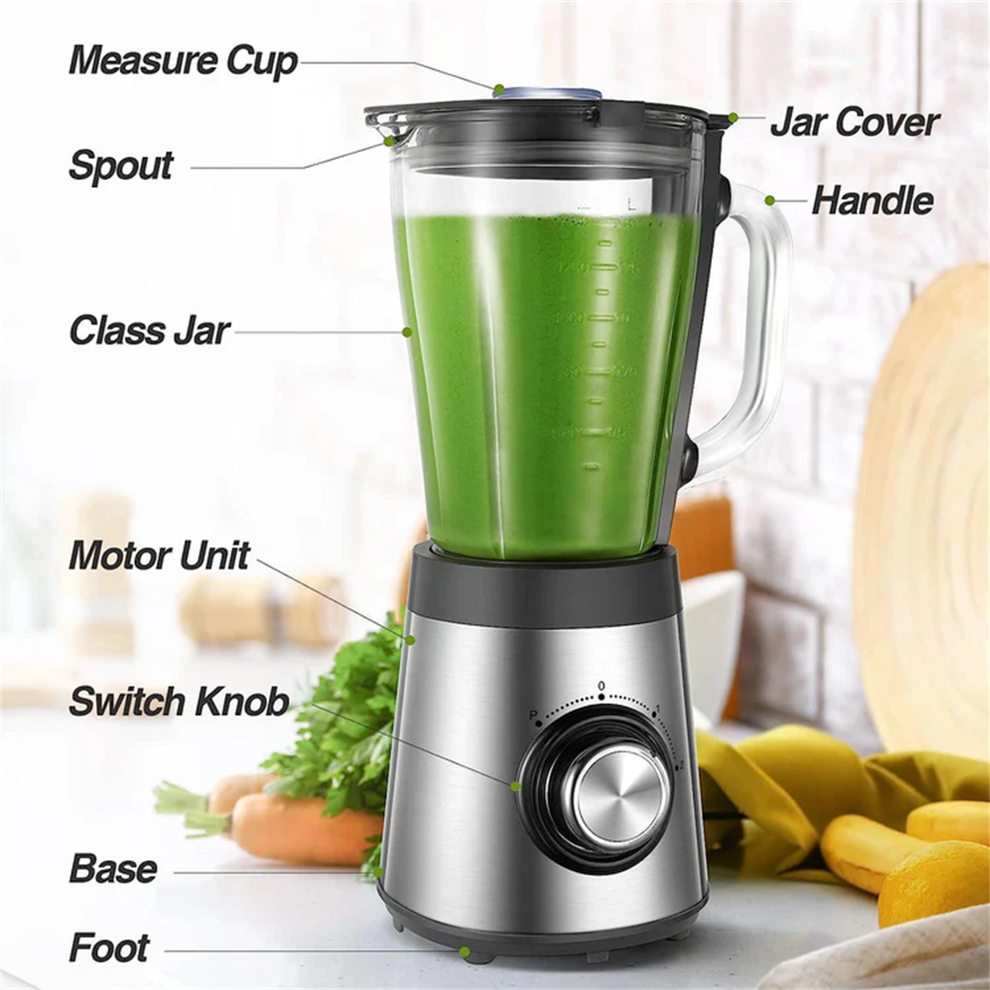 Mixer mit grüner Flüssigkeit. Beschriftungen: Becher, Ausguss, Deckel, Griff, Motoreinheit, Schalter, Basis.