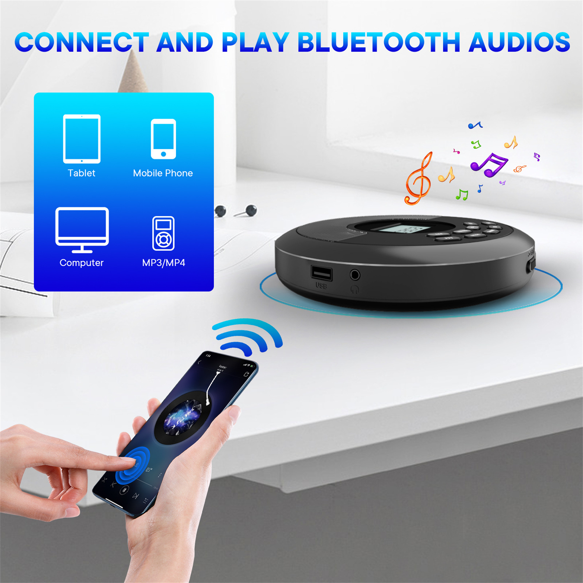 Ein schwarzer Bluetooth-Audioplayer mit einem Telefon, das Musiksteuerungen zeigt. Der Player befindet sich auf einer weißen Oberfläche.