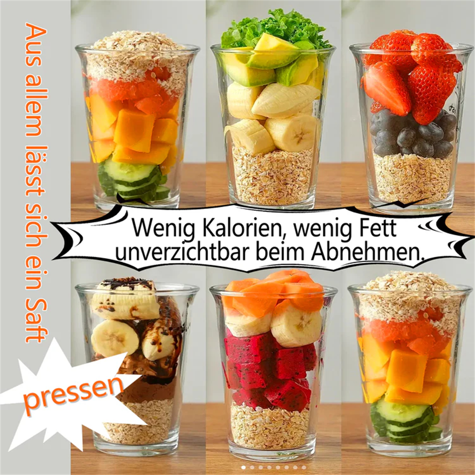 Sechs Gläser mit Schichten aus Obst und Hafer. Mango, Avocado, Erdbeeren und andere Früchte sind sichtbar.