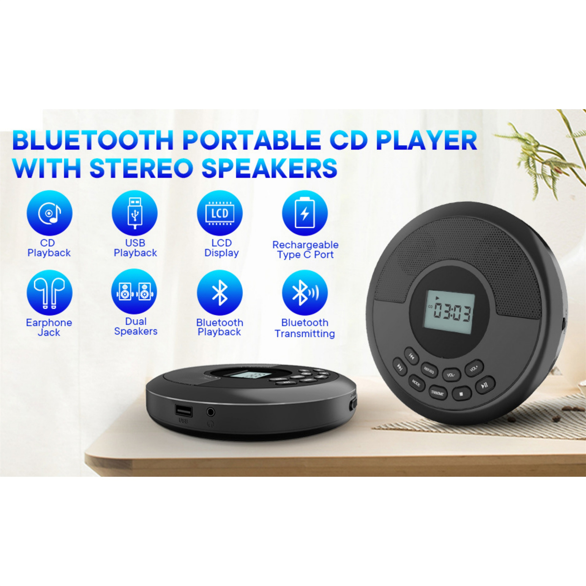 Ein schwarzer tragbarer CD-Player mit Stereolautsprechern und Display, mit verschiedenen Funktionssymbolen.