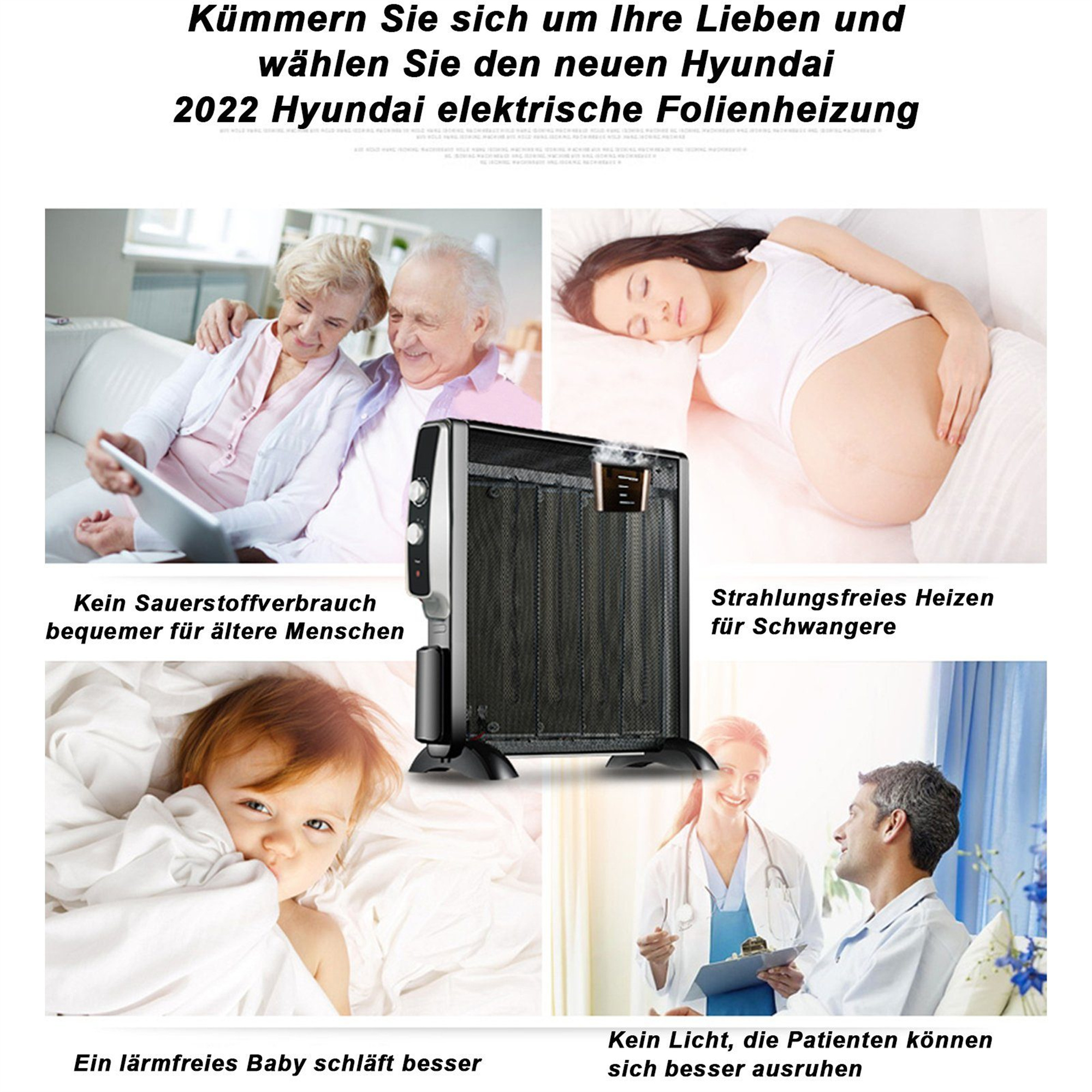 Ein Heizgerät mit Bildern von älteren Menschen, Schwangeren und einem Baby, die seine Vorteile zeigen.