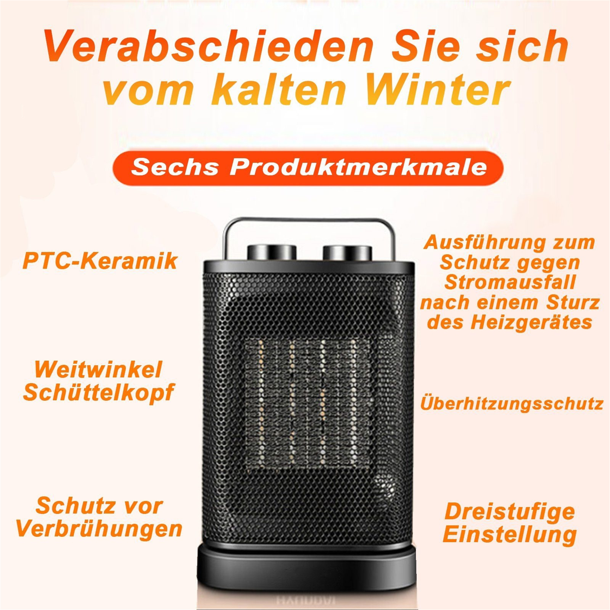 Eine schwarze elektrische Heizung mit Text, der ihre Funktionen beschreibt, einschließlich einer Sicherheitsabschaltung.