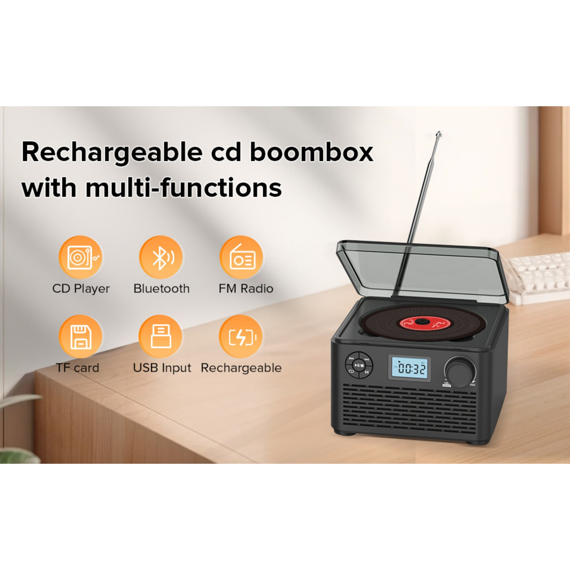 Eine schwarze, wiederaufladbare CD-Boombox mit CD-Player, Bluetooth und UKW-Radio.