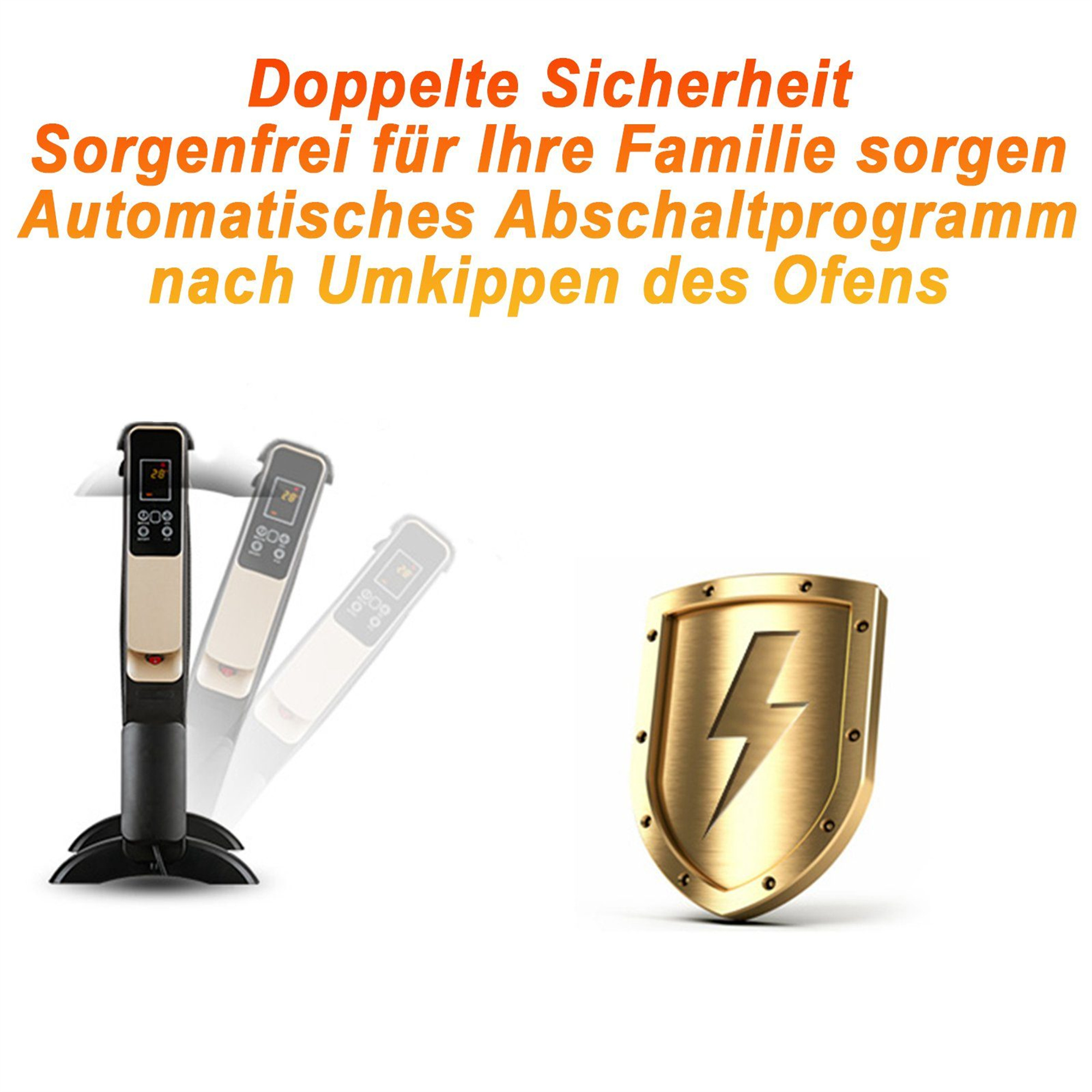 Gold-schwarze Heizung mit deutschem Text und einem Schild.