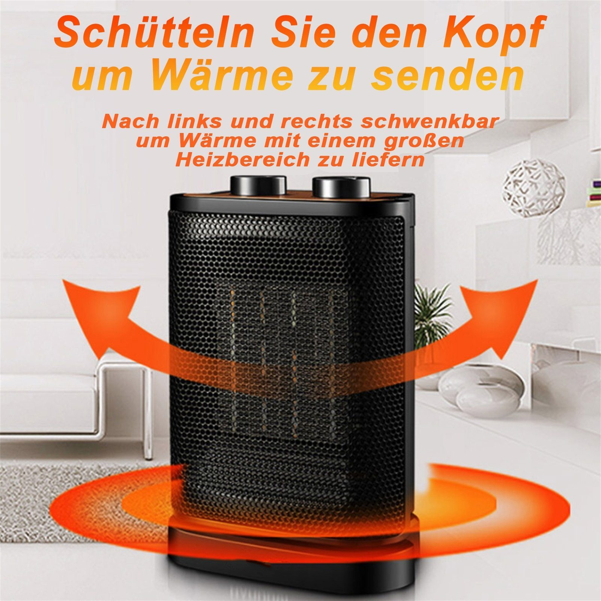 Schwarzer Elektroheizer mit orangefarbenen Pfeilen und Text. Es steht in einem Wohnzimmer.