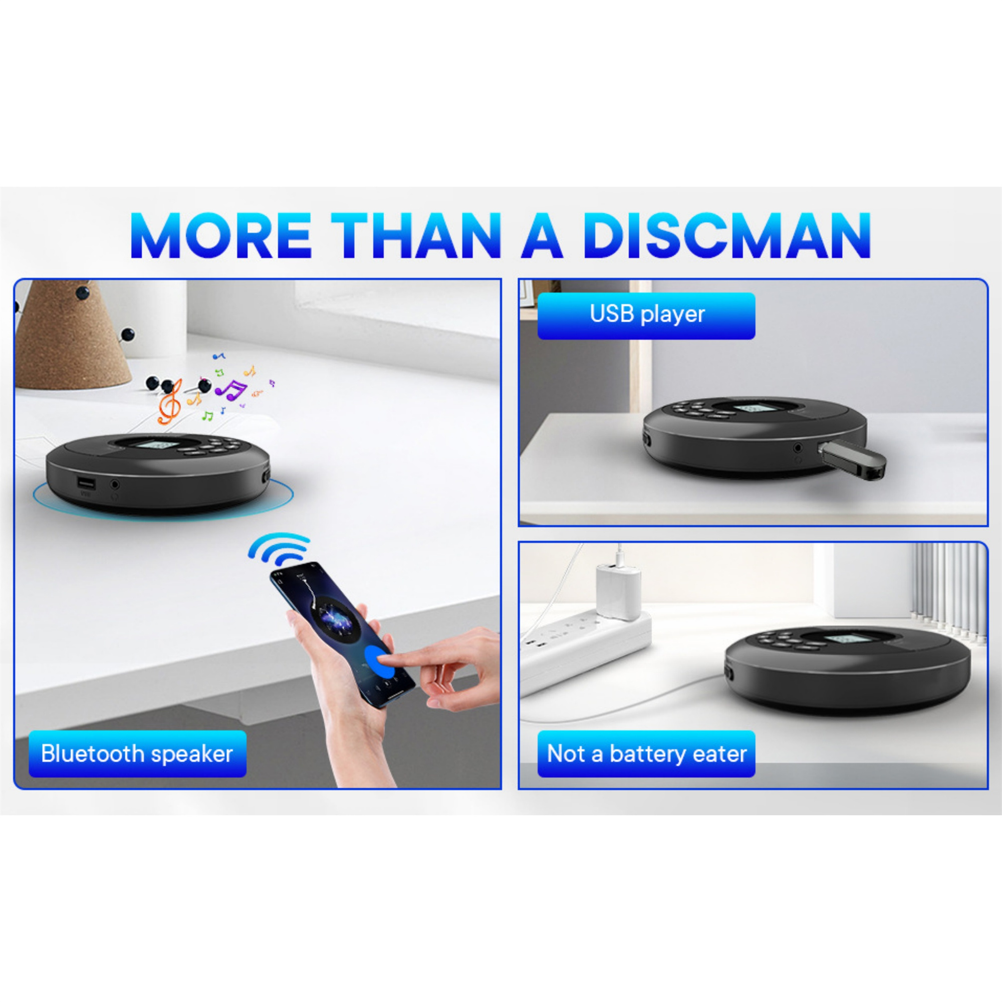 Ein schwarzer Disc-Player mit Bluetooth-Lautsprecher und USB-Funktionen. Weiße Oberfläche.