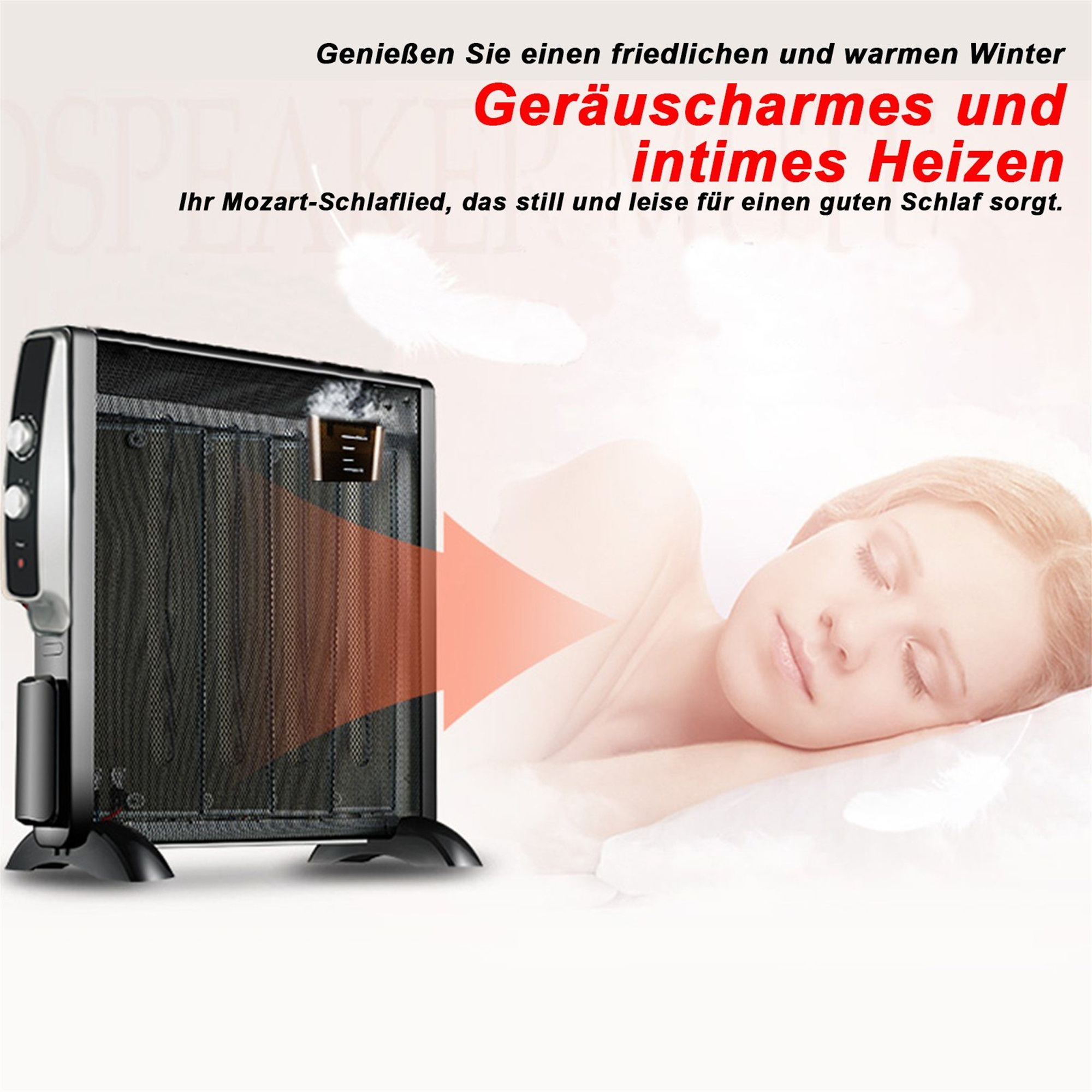 Eine schlafende Frau neben einem schwarzen Heizkörper. Rotes Licht strahlt vom Heizkörper aus. Text: Geräuscharmes und intimes Heizen.