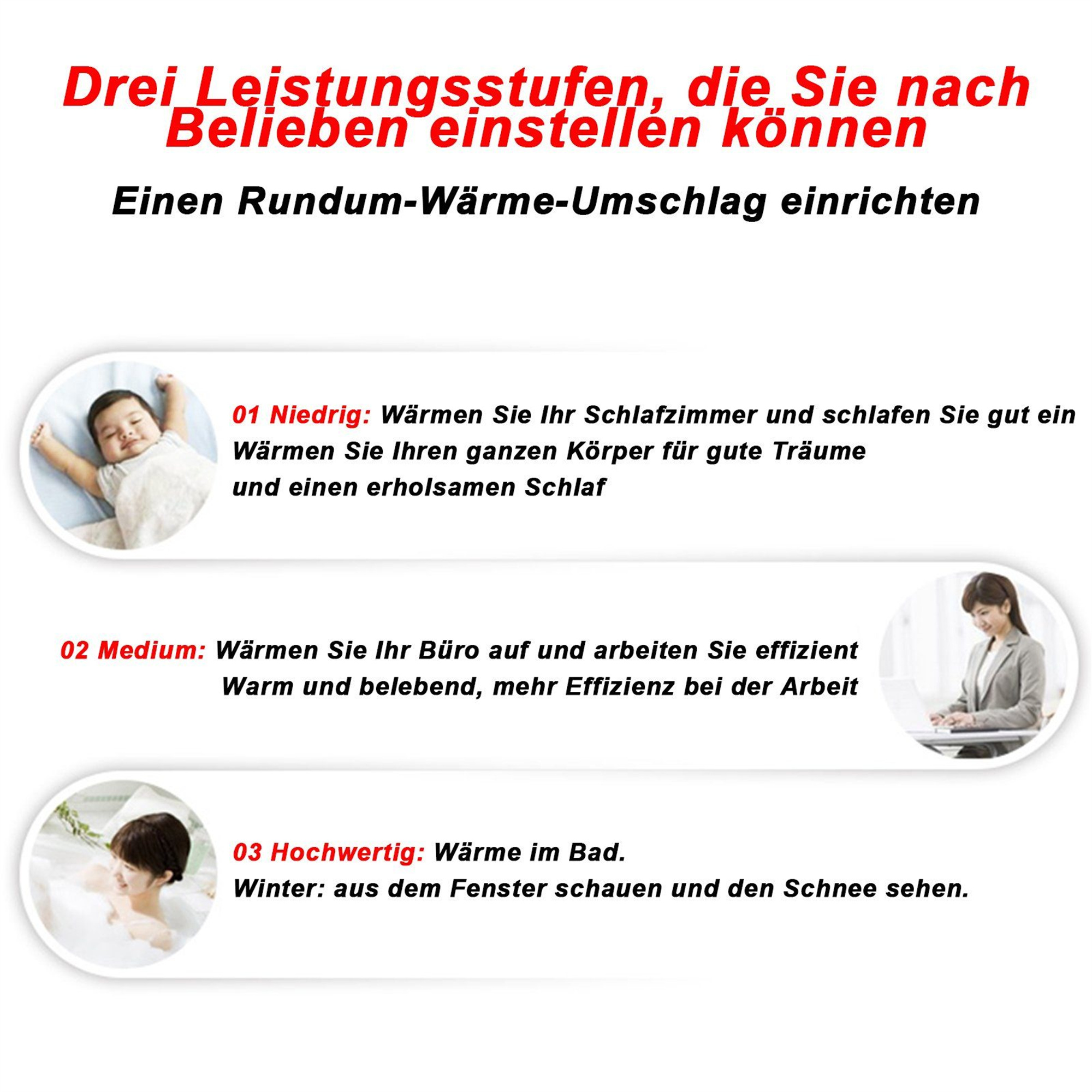 Text und Bilder zu Heizeinstellungen: niedrig, mittel und hoch, mit zugehörigen Szenarien.