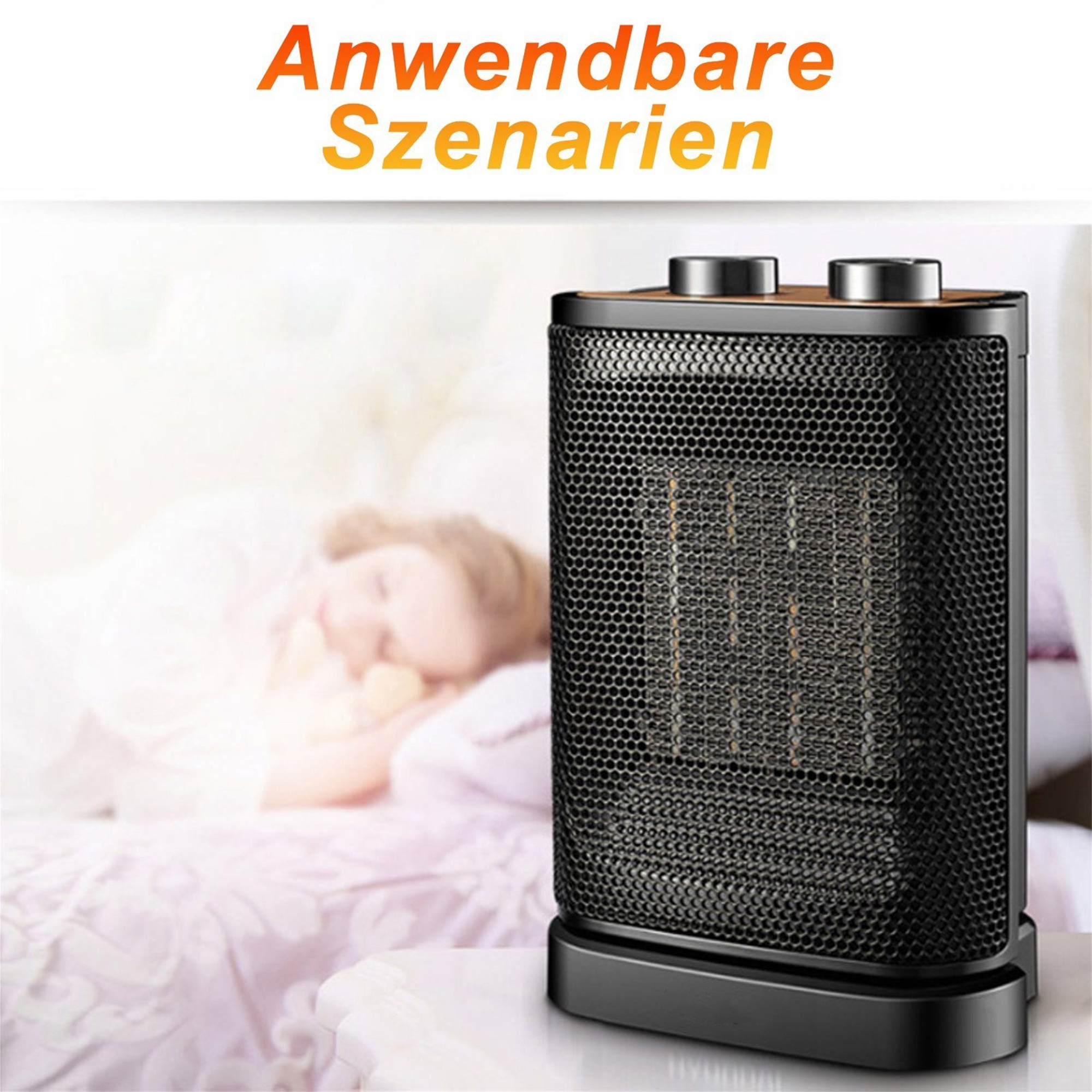 Schwarze Heizung vor verschwommenem Hintergrund. Eine Frau schläft im Bett.