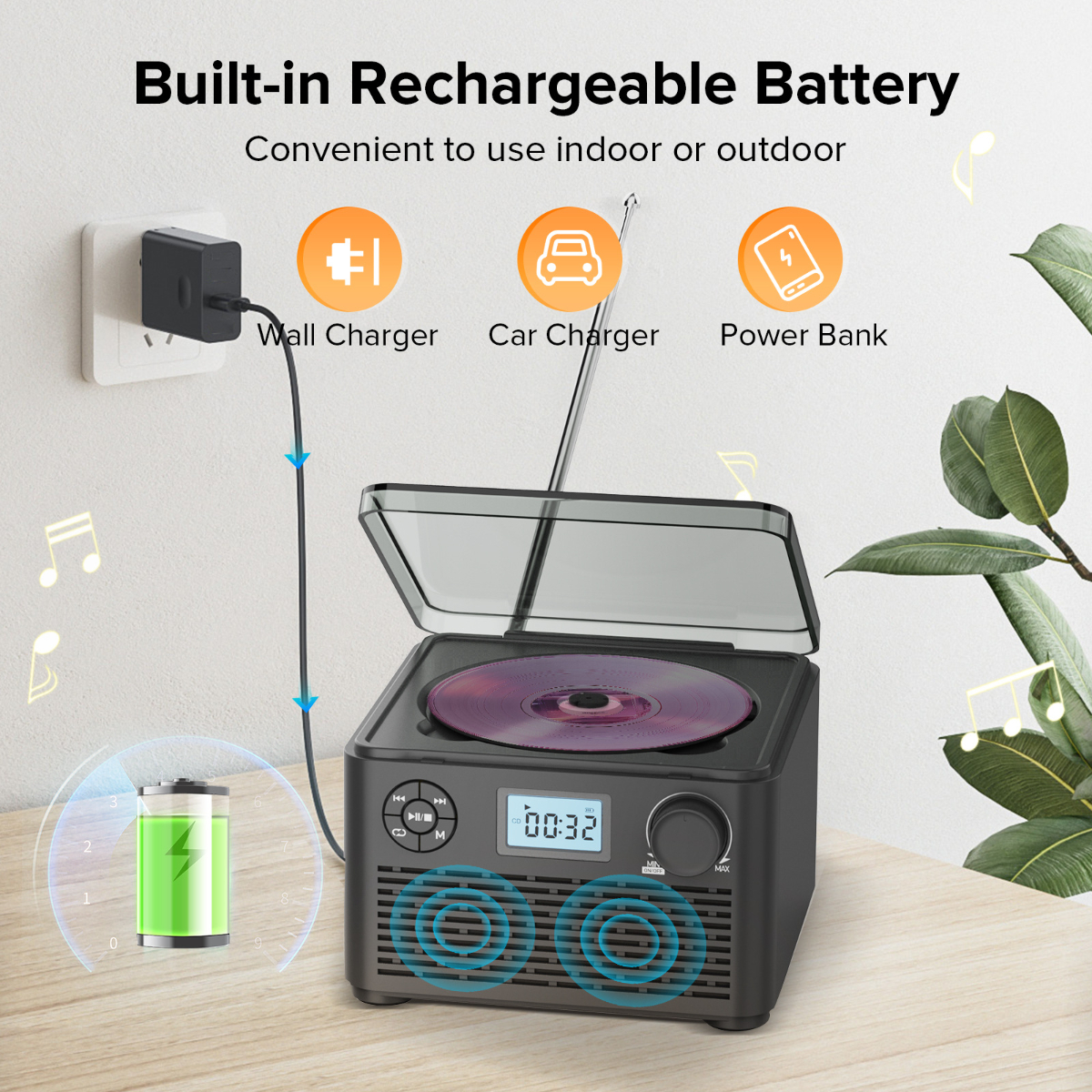 Tragbarer CD-Player mit eingebautem Akku und Ladeoptionen.