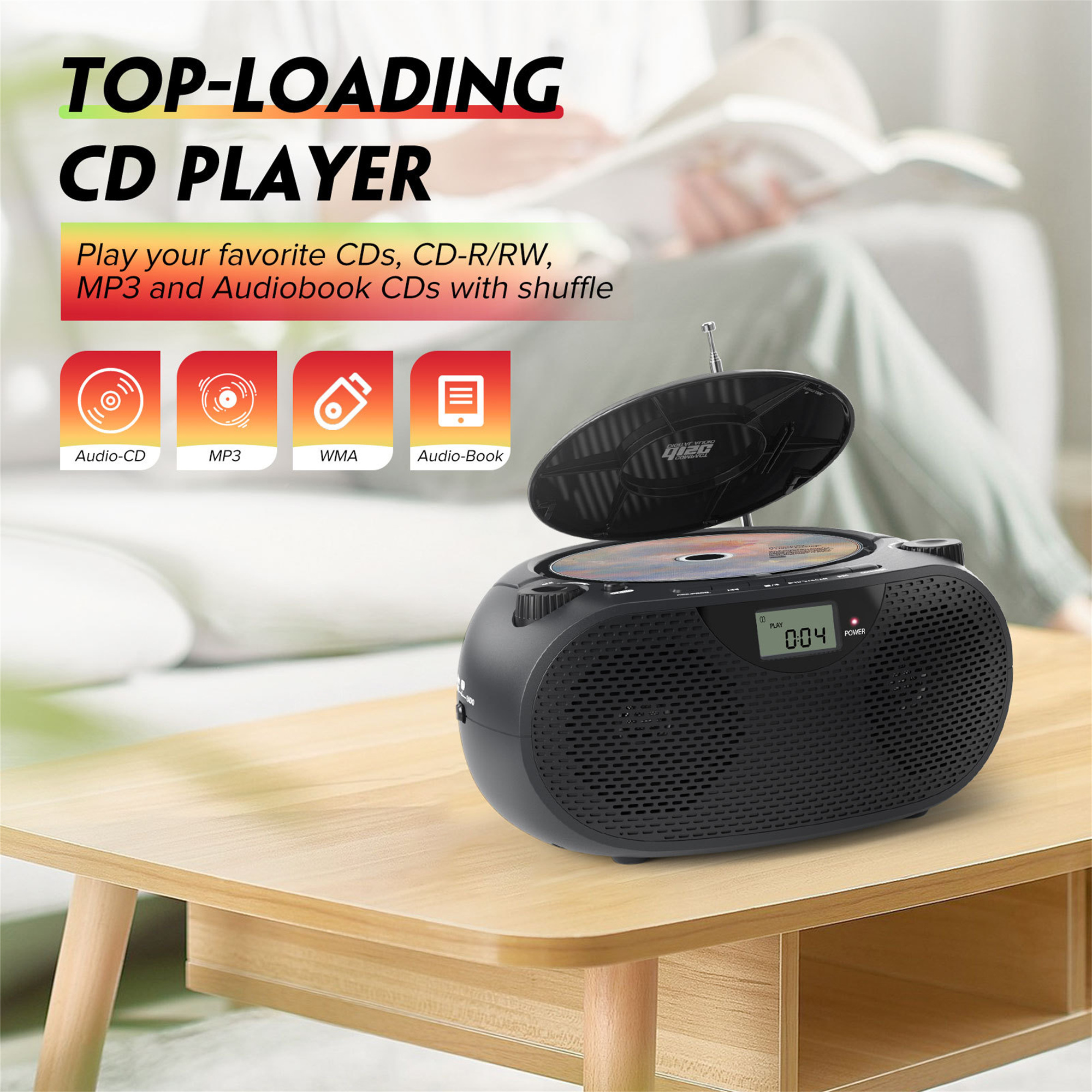 Ein schwarzer CD-Player mit eingelegter CD auf einem Holztisch, mit zugehörigen Symbolen und Text.