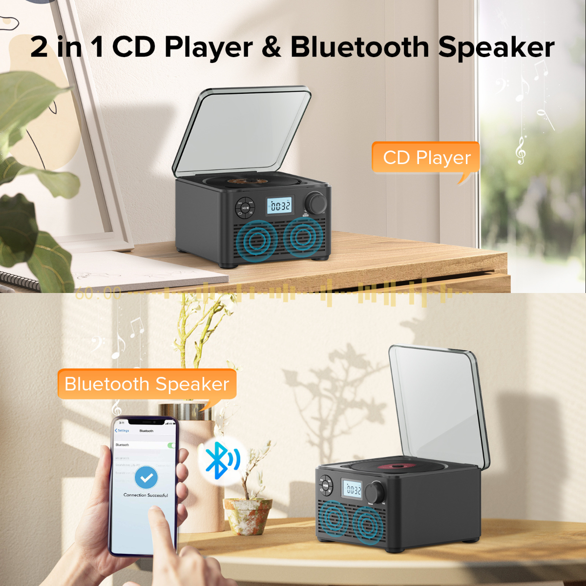 Ein schwarzer CD-Player und Bluetooth-Lautsprecher mit Smartphone und CD.