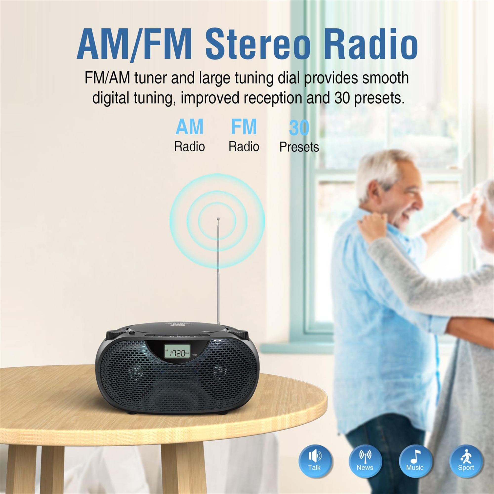 Schwarzes Radio mit AM/FM und Voreinstellungen. Zwei tanzende Personen. Vier Symbole darunter: Talk, News, Music, Sport.