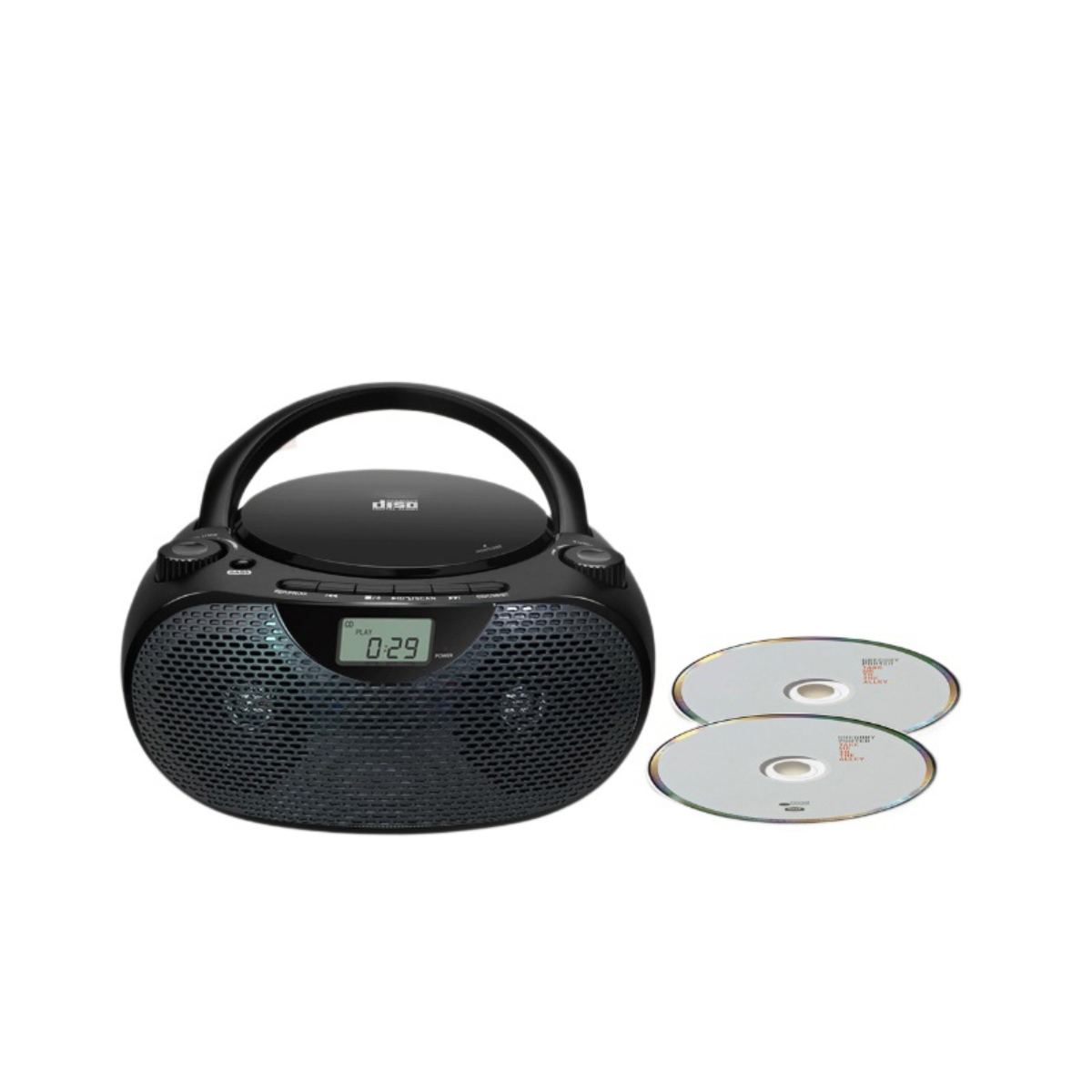 Schwarze Boombox mit CD-Player, zwei CDs und einem Griff. Die Boombox hat ein Display.