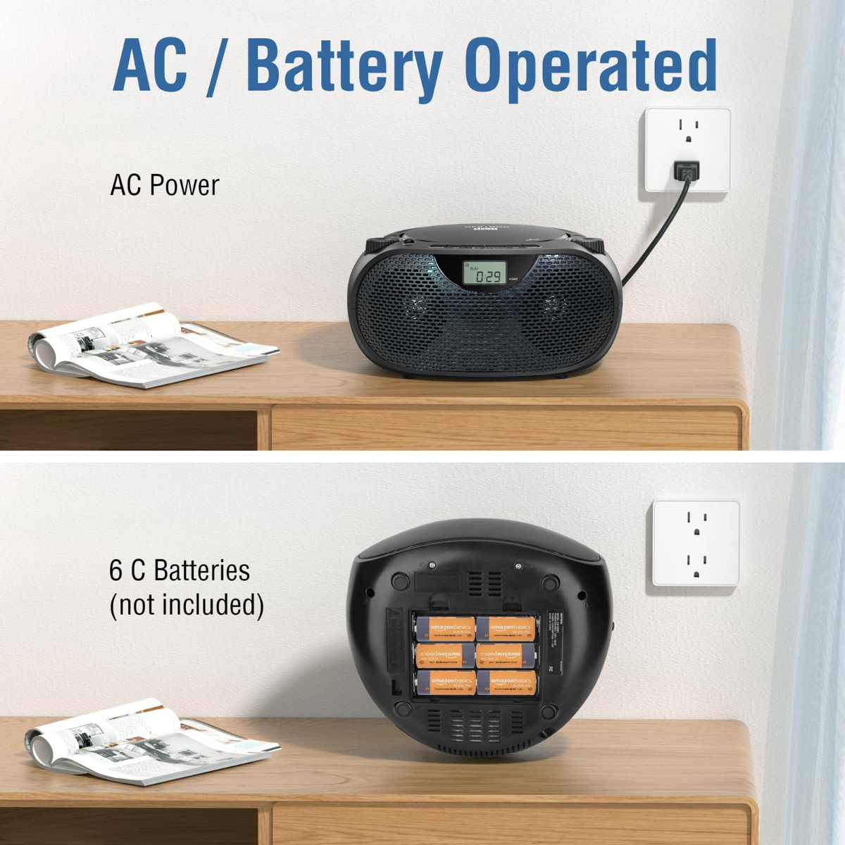 Zwei Bilder, eines von einem Radio an der Wand, das andere von Batterien. Text: AC/Batteriebetrieb
