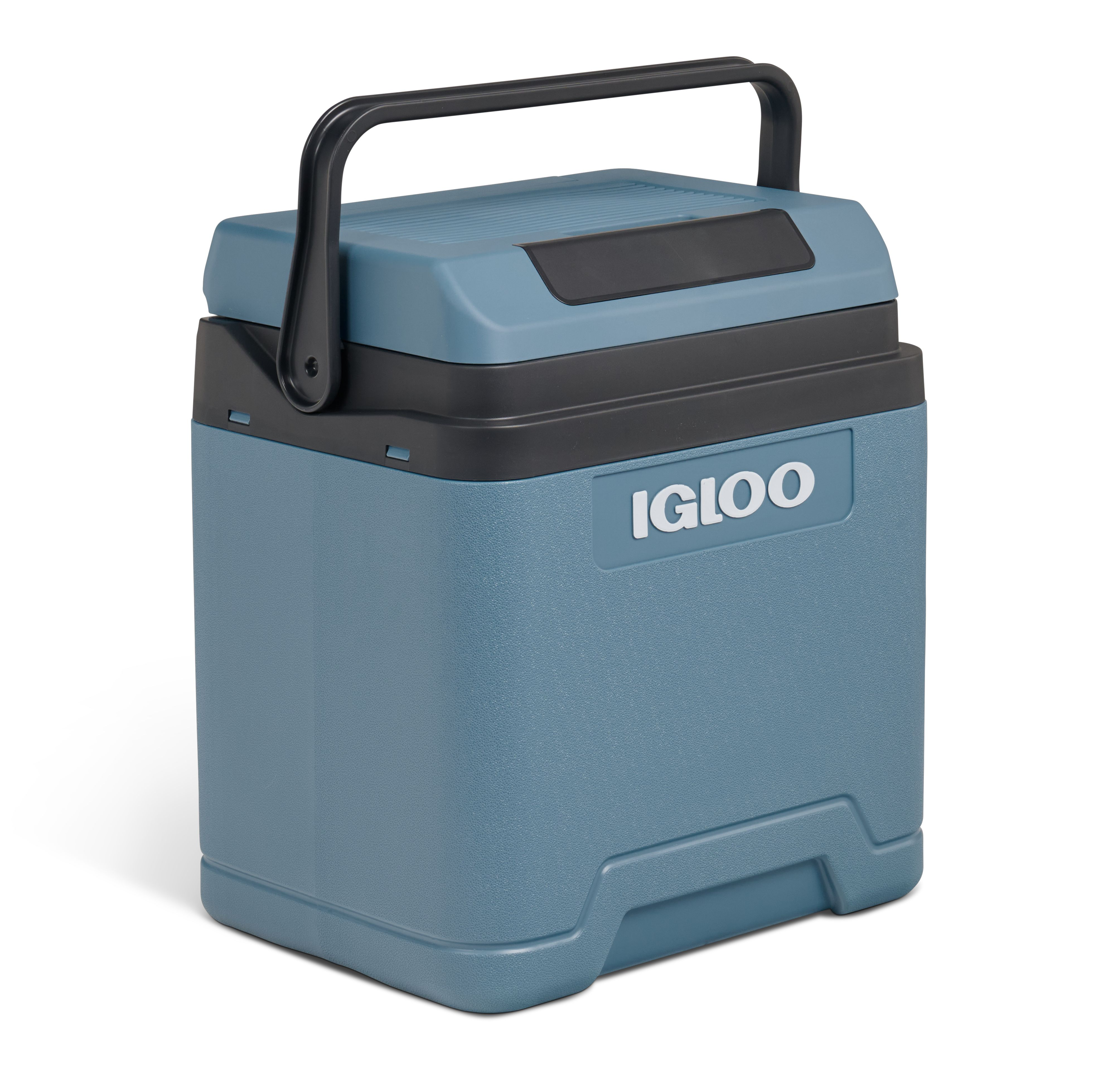 Ein blauer Igloo-Kühler mit schwarzem Griff und Deckel. Das Wort 'Igloo' steht auf dem Kühler.