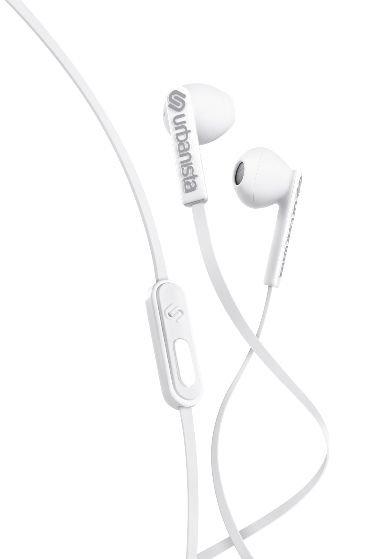 Auriculares internos blancos con un módulo de control y cable blancos. La marca 'urbanista' es visible.