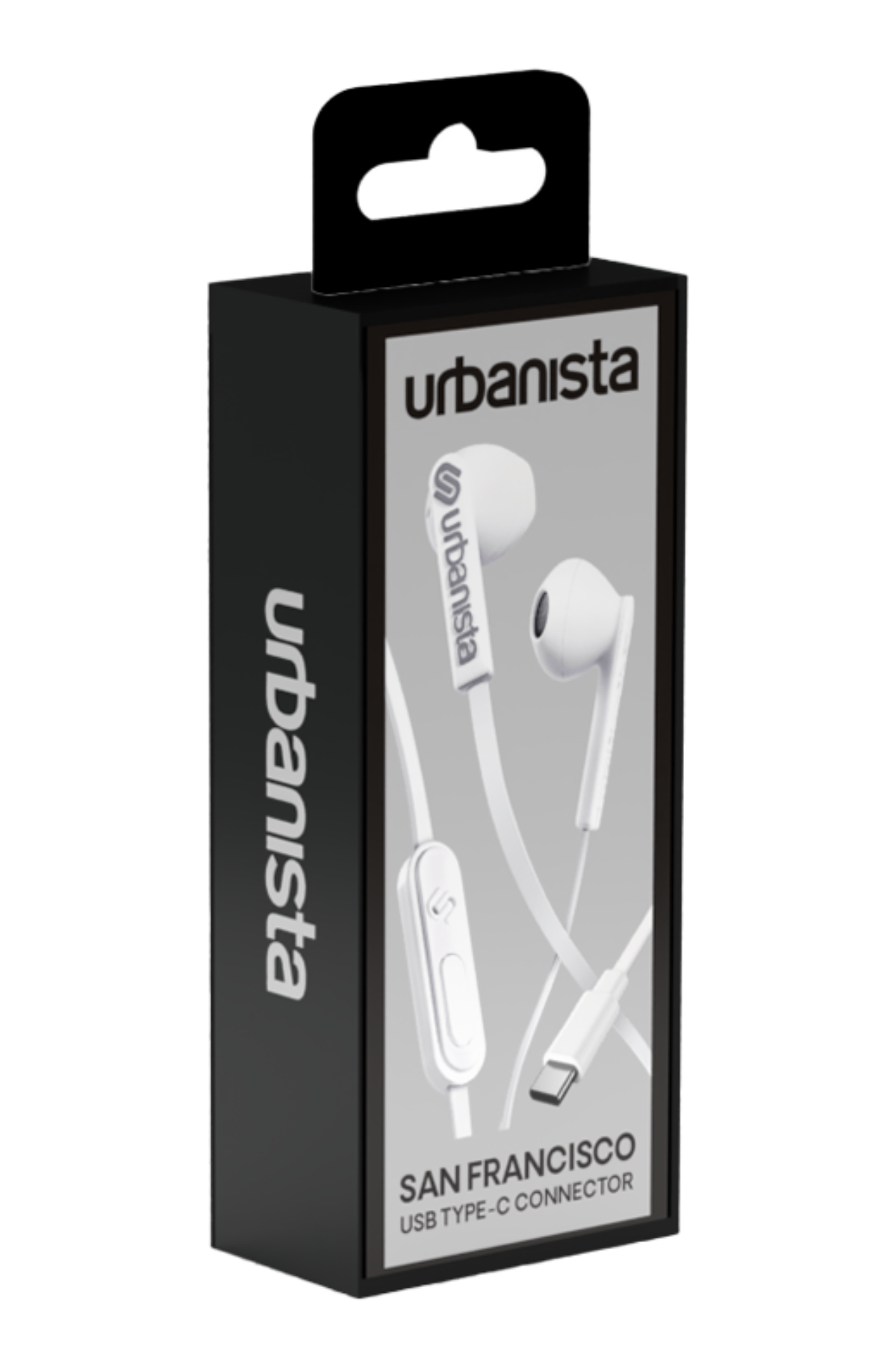 Una caja en blanco y negro de auriculares Urbanista San Francisco, con los auriculares visibles.