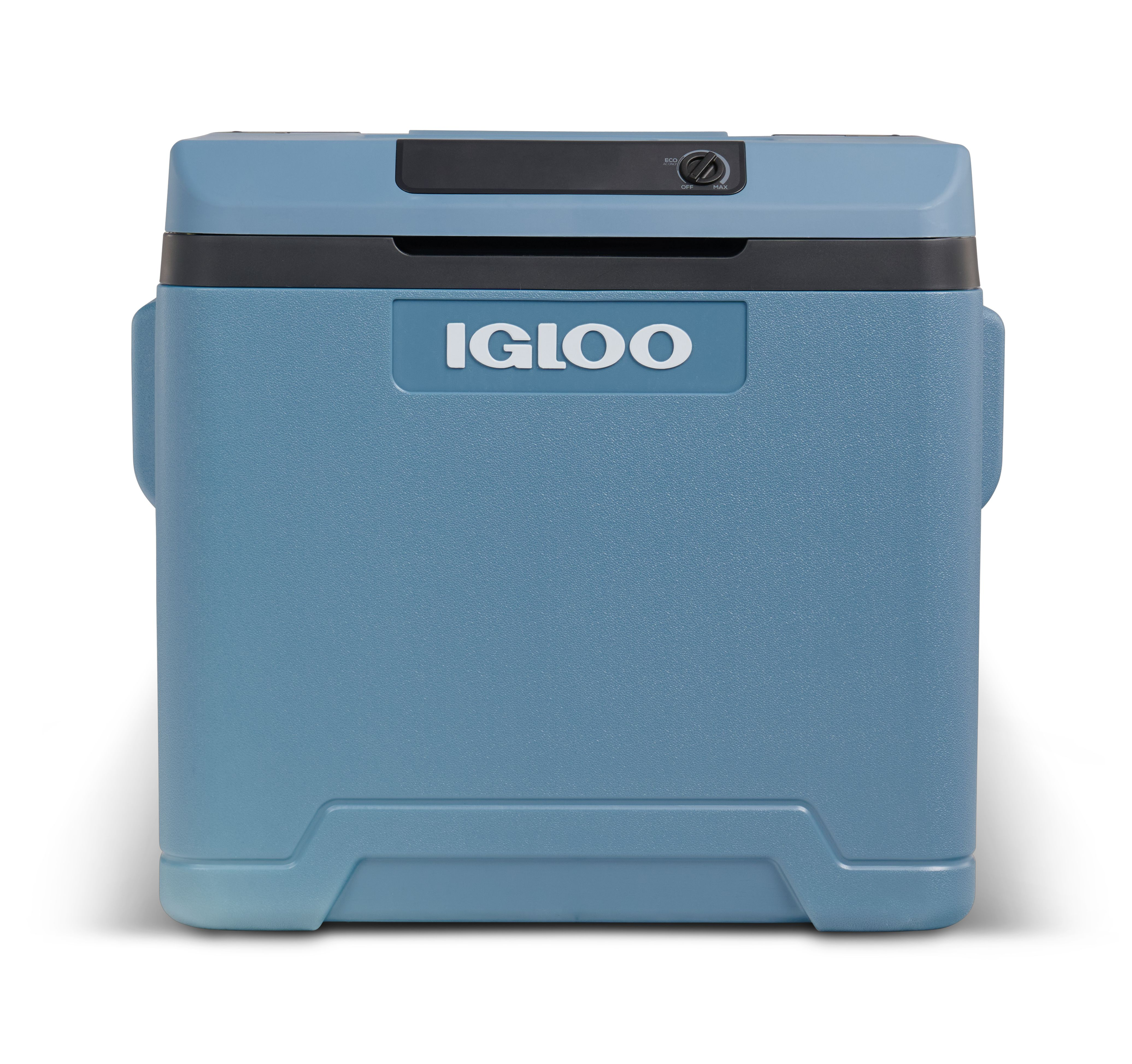 Frigorifero Igloo blu e grigio scuro. Logo Igloo sulla parte anteriore.