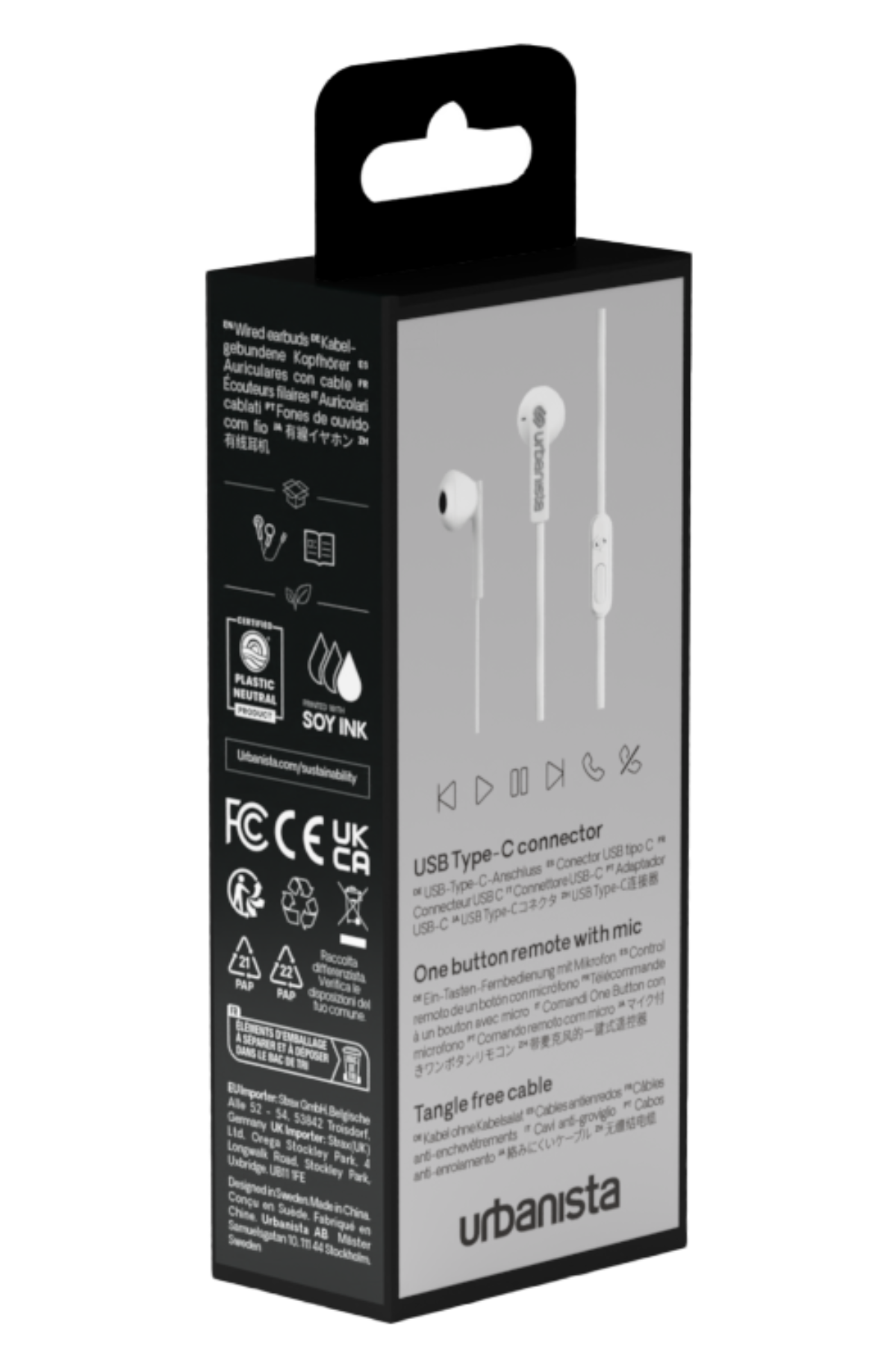 Caja negra con auriculares blancos, conector USB-C y mando a distancia. Texto en la caja describe funciones.
