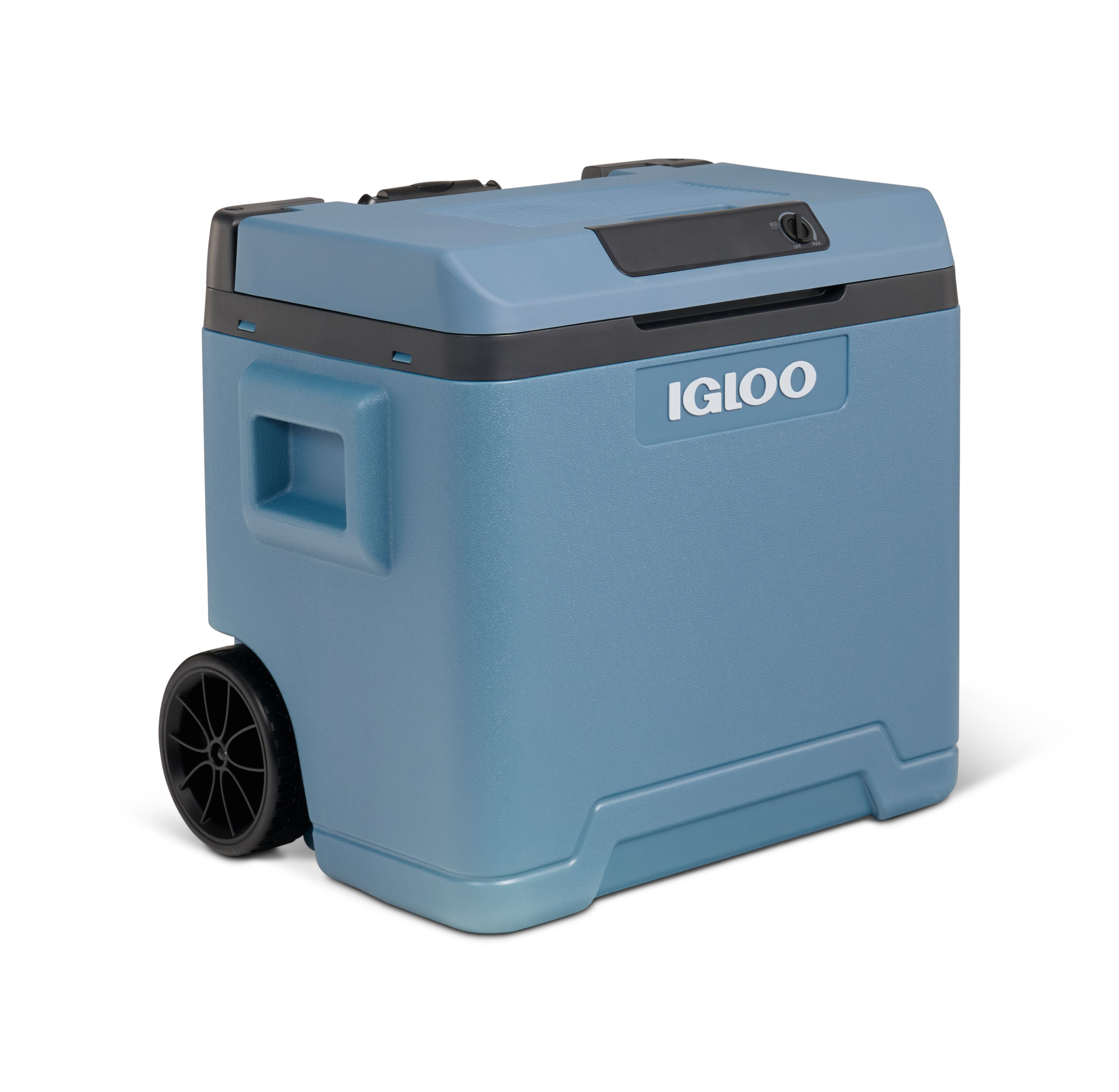 Frigorifero Igloo blu con accenti neri. Ha ruote e una maniglia per un facile trasporto.
