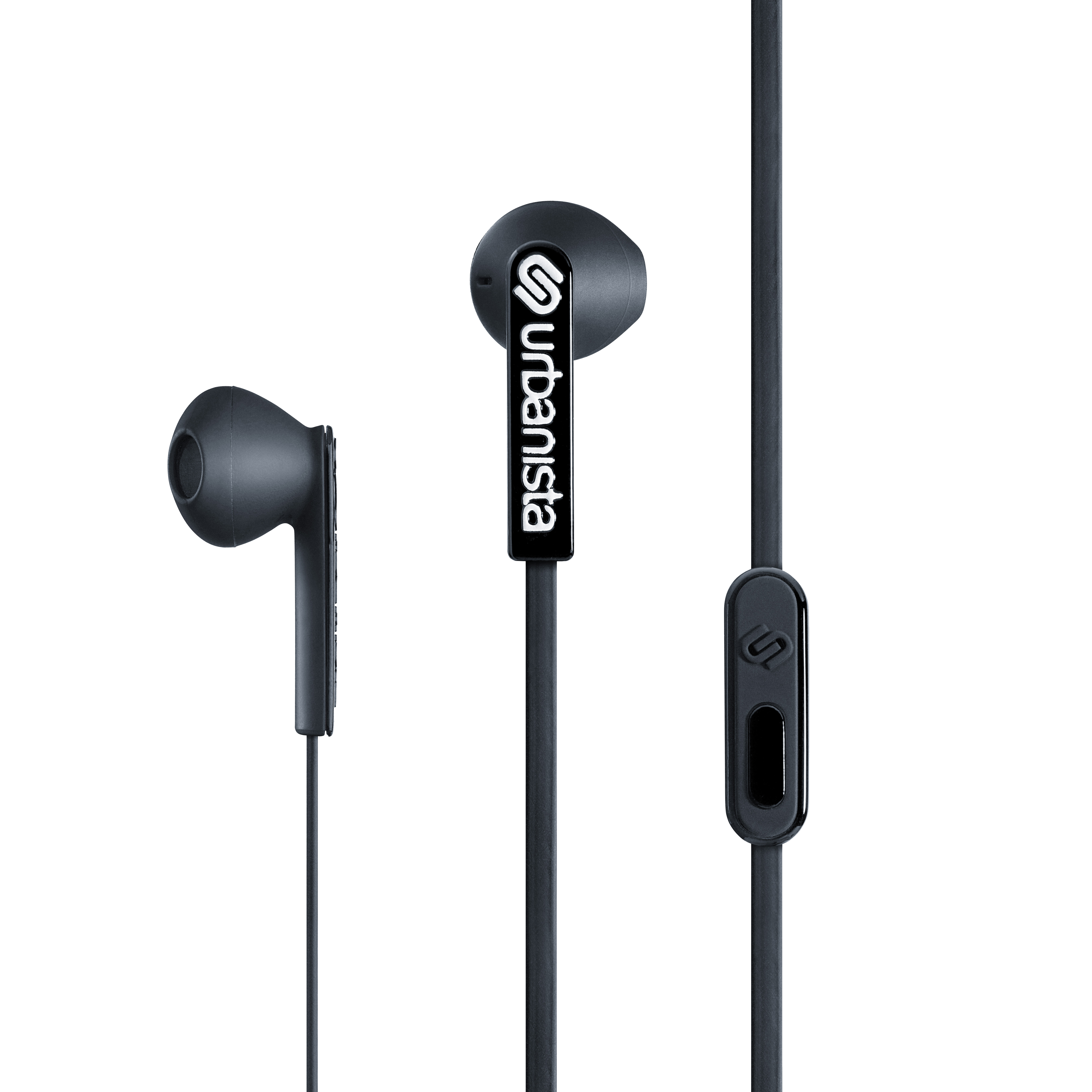 Auriculares Urbanista negros con logo blanco y un botón de control en el cable.