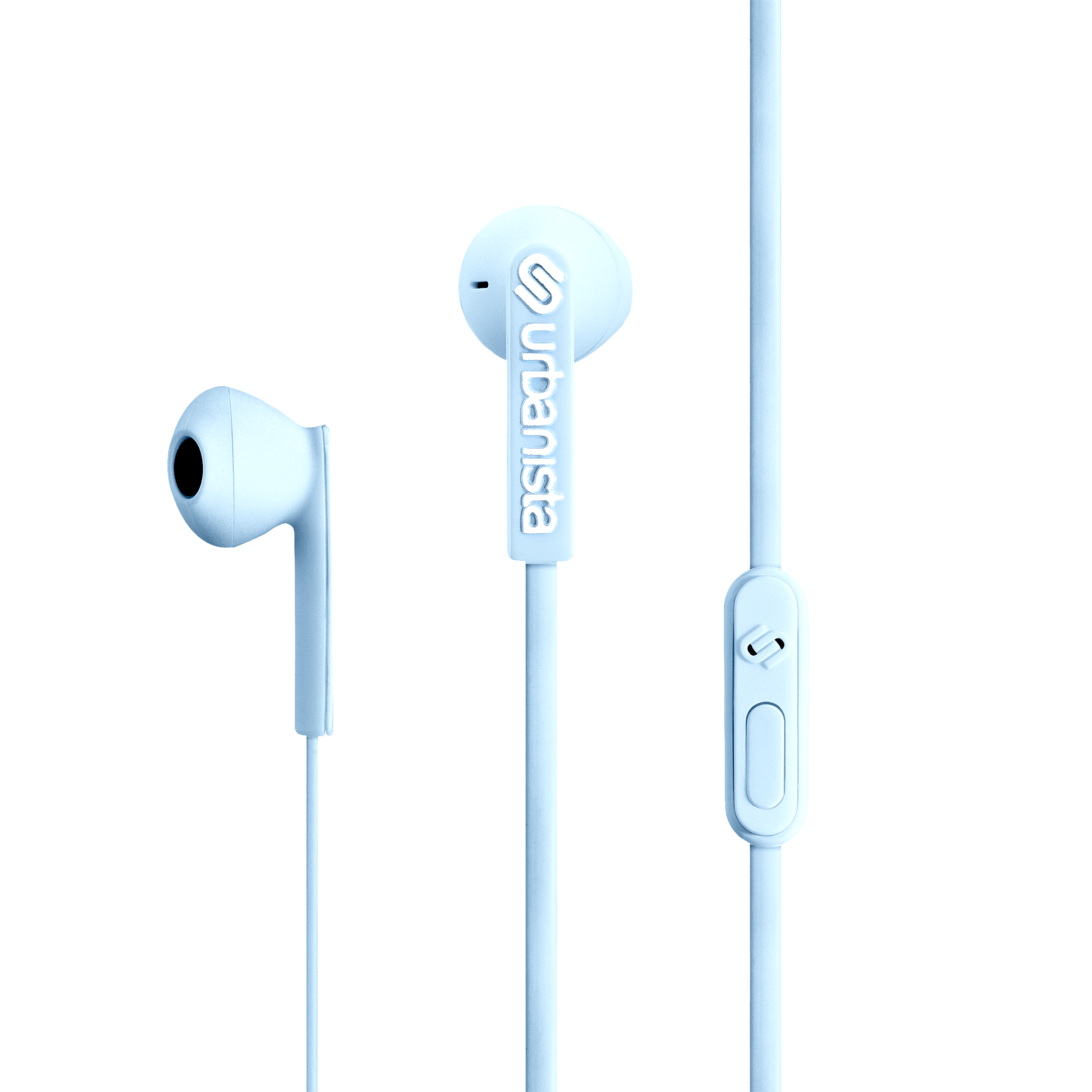 Auriculares azul claro con cable y control. Fondo negro.