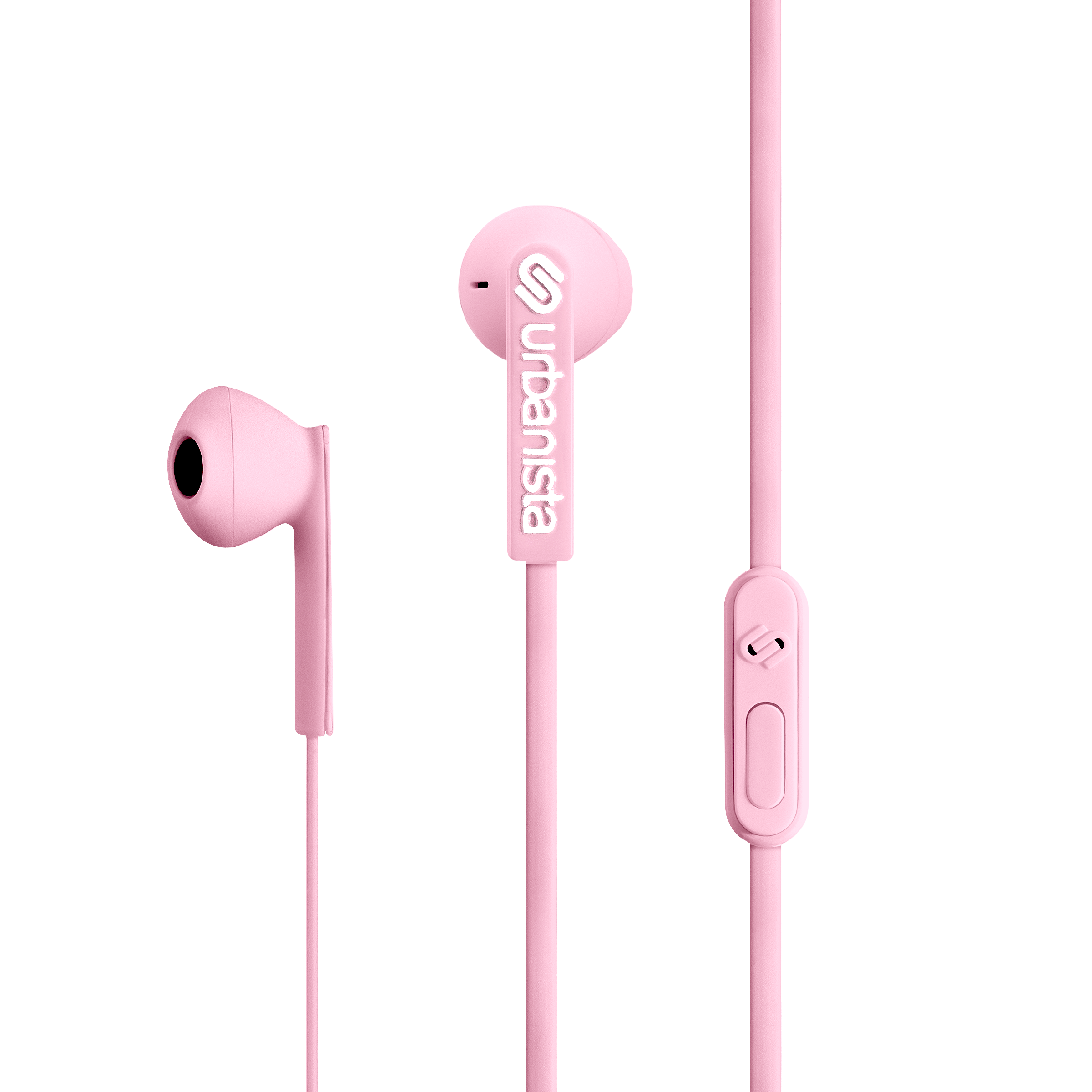 Auriculares rosas con logo blanco. El cable tiene un control. Fondo negro.